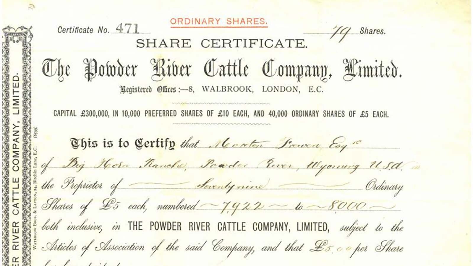 In 1885, the Frewen brothers from an elite Sussex family, established their cattle company along the Powder River. They were among the cattle barons who helped found Johnson County, but the winter of that same year wiped out their herds. With land being swallowed up by arriving settlers, the brothers left the Wyoming Territory.