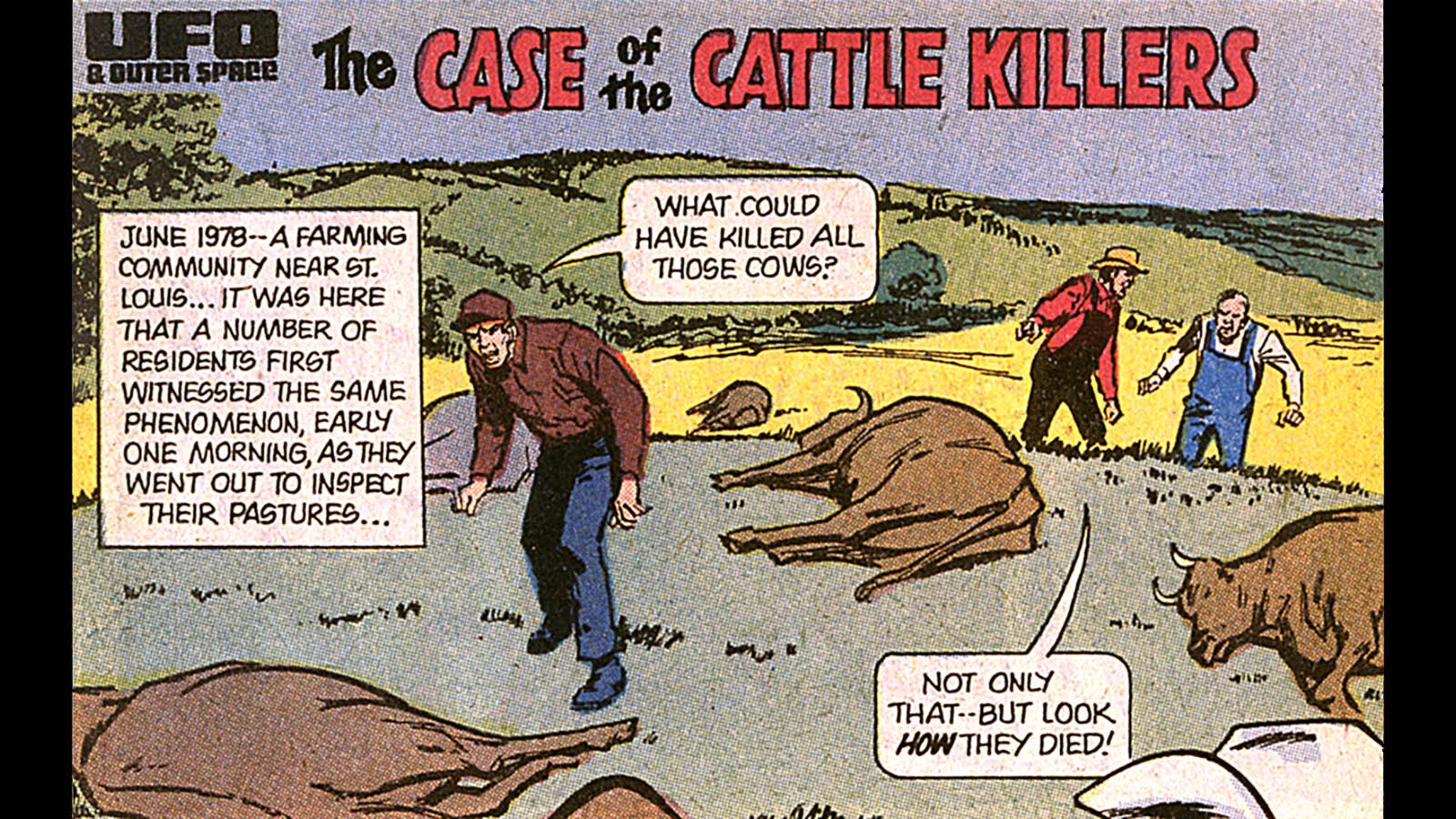 After cattler were found dead and mysteriously mutilated on a ranch near St. Louis, Missouri, this illustrated panel was drawn to depict the discovery.