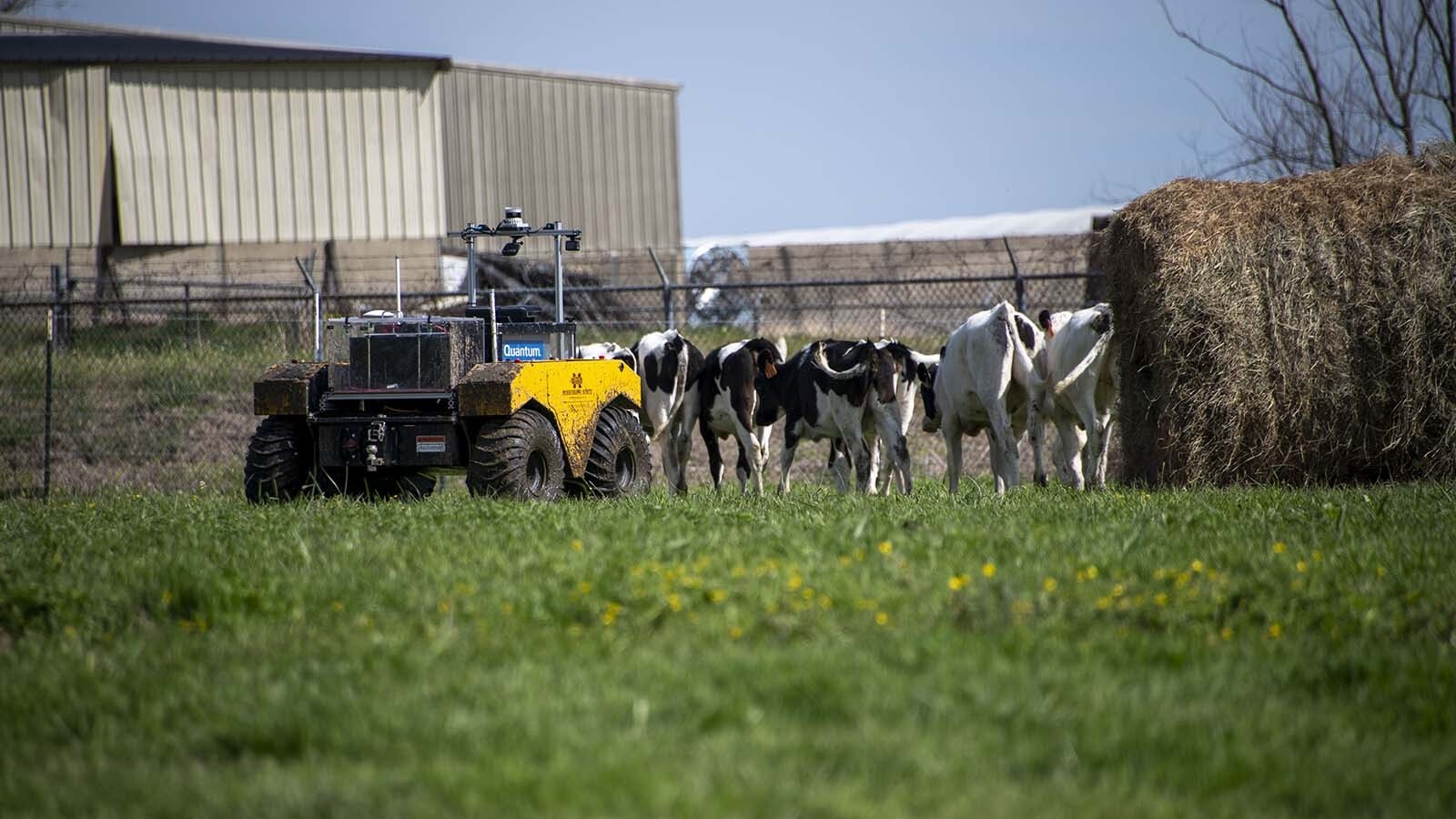 A Clearpath Robotics Warthog unmanned ground vehicle — aka a robot — fitted with cameras and sensors in action at a Mississippi State University research center.