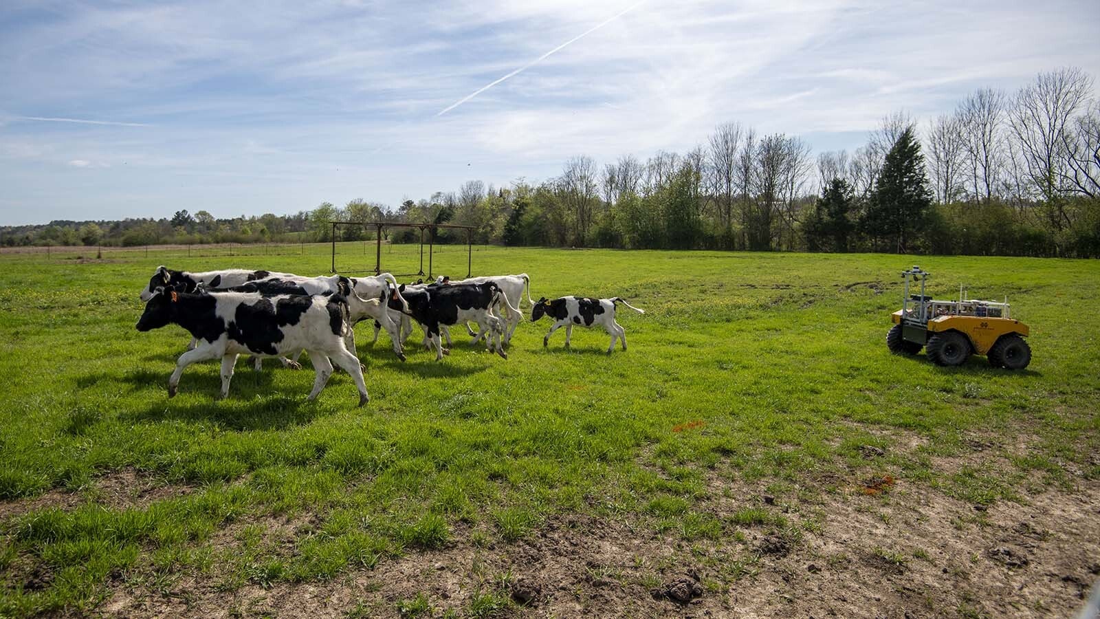 A Clearpath Robotics Warthog unmanned ground vehicle — aka a robot — fitted with cameras and sensors in action at a Mississippi State University research center.