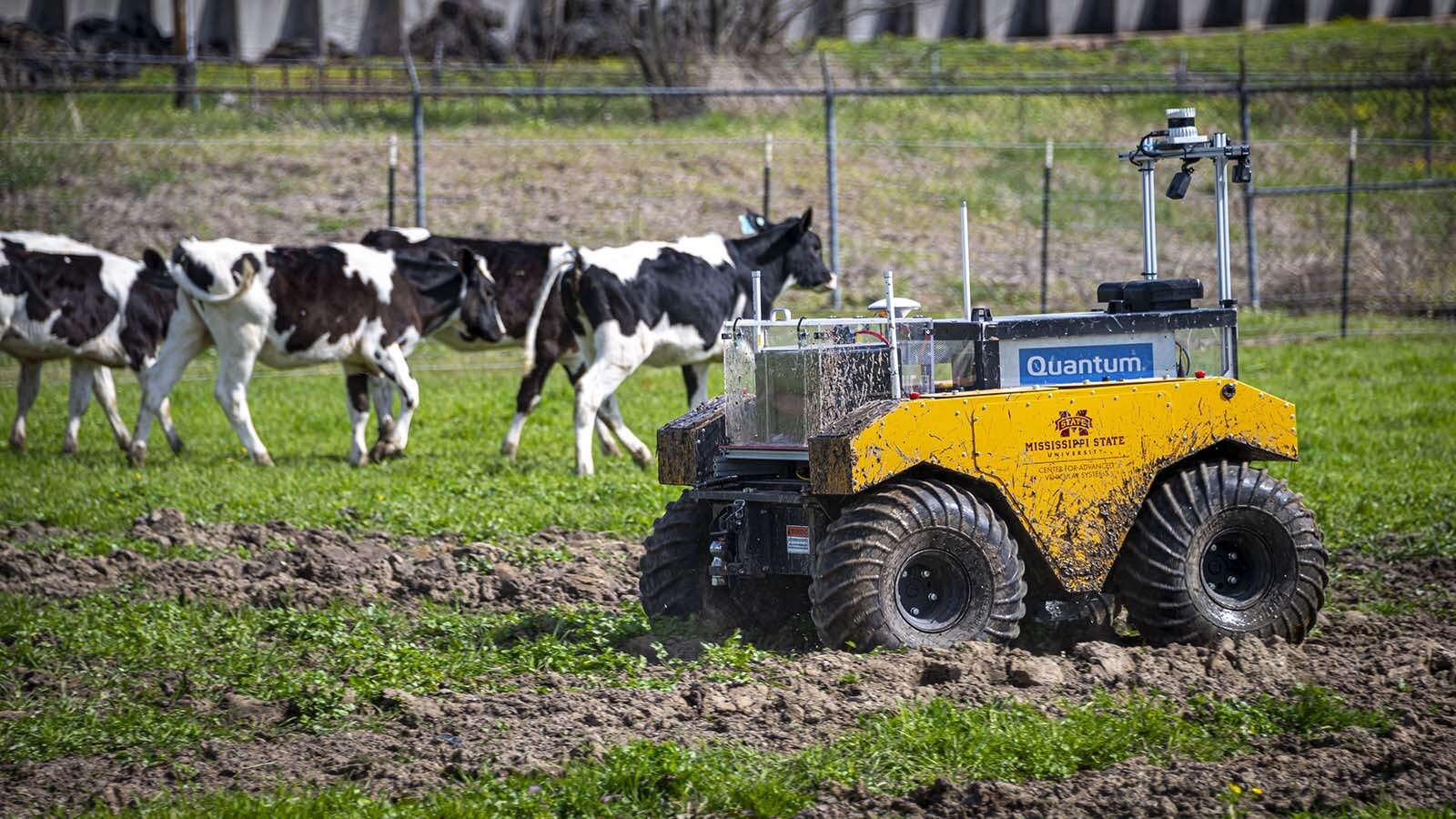 A Clearpath Robotics Warthog unmanned ground vehicle — aka a robot — fitted with cameras and sensors in action at a Mississippi State University research center.