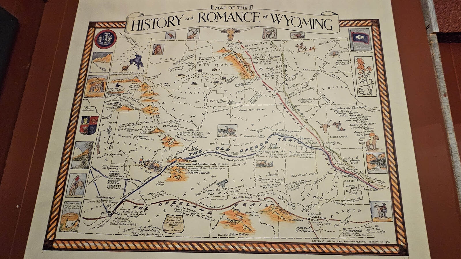 A map of Wyoming history at Cavalryman Steakhouse in Laramie.