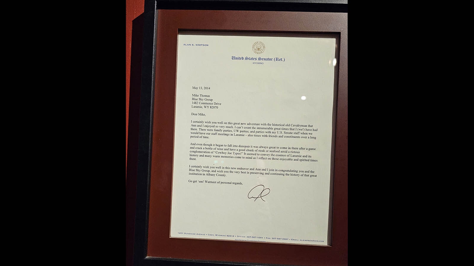 A letter from then-Senator Al Simpson congratulating Ken King on buying out his investors and starting a new chapter for Cavalryman Steakhouse in Laramie.