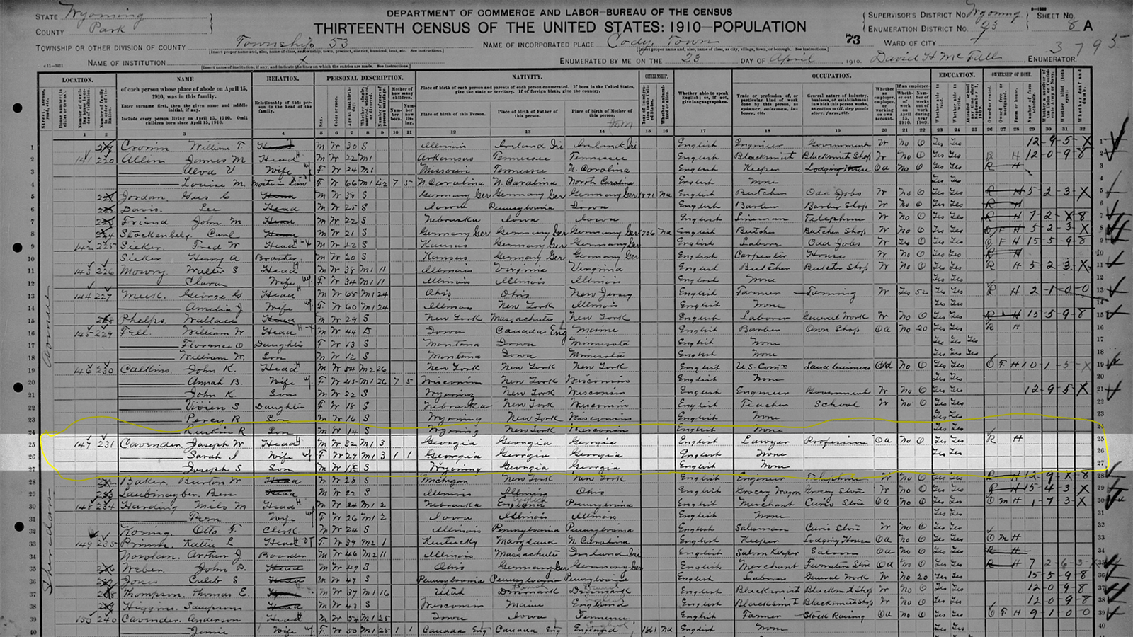 A 1910 census in Cody lists Joseph Cavender, his wife, Sarah, and a son also named Joseph.