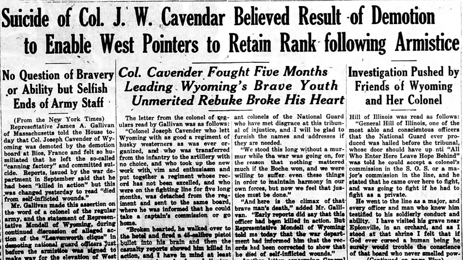 The Northern Wyoming Herald on Feb. 19, 1919, published a story about a Massachusetts congressman bringing to light how the U.S. Army covered up Joseph Cavender’s cause of death.