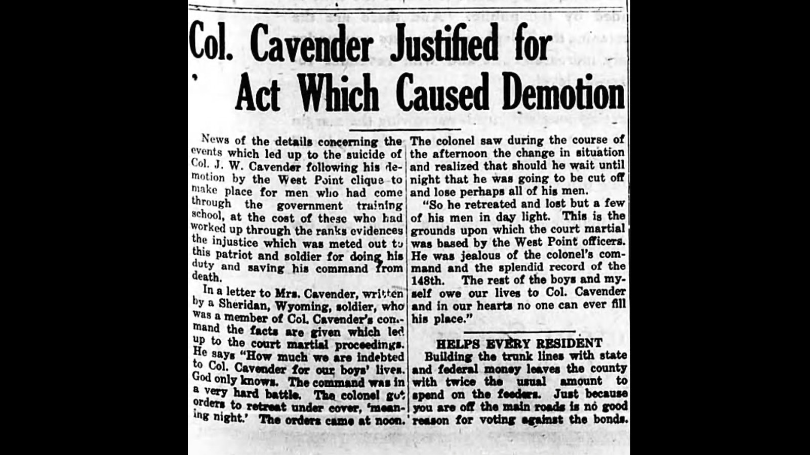 A front-page story in the Northern Wyoming Herald on March 9, 1919, details a letter sent to Cavender’s wife.