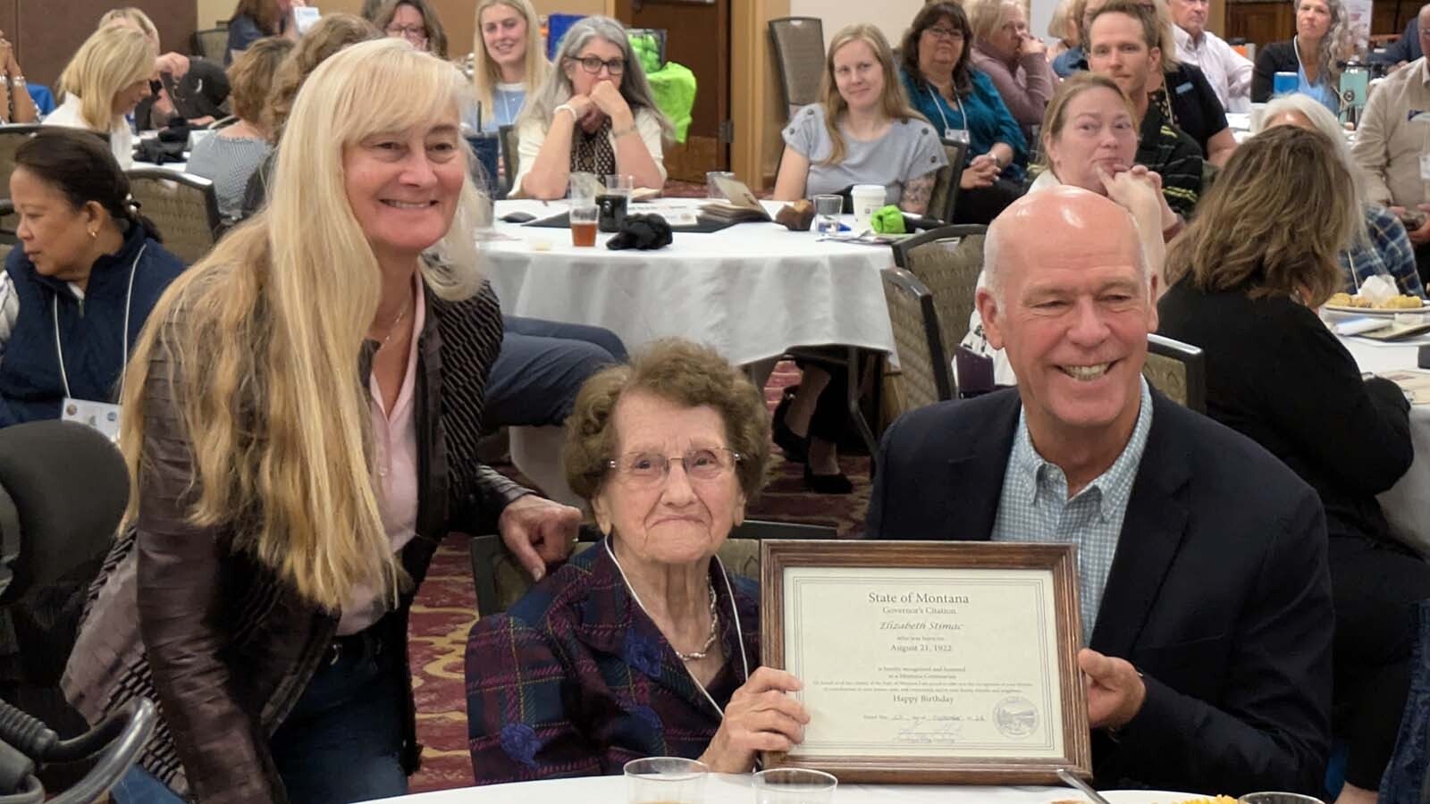Montana Gov. Greg Gianforte, right, and first lady Susan Gianforte, left, with Elizabeth "Betty" Stomach of Great Falls.