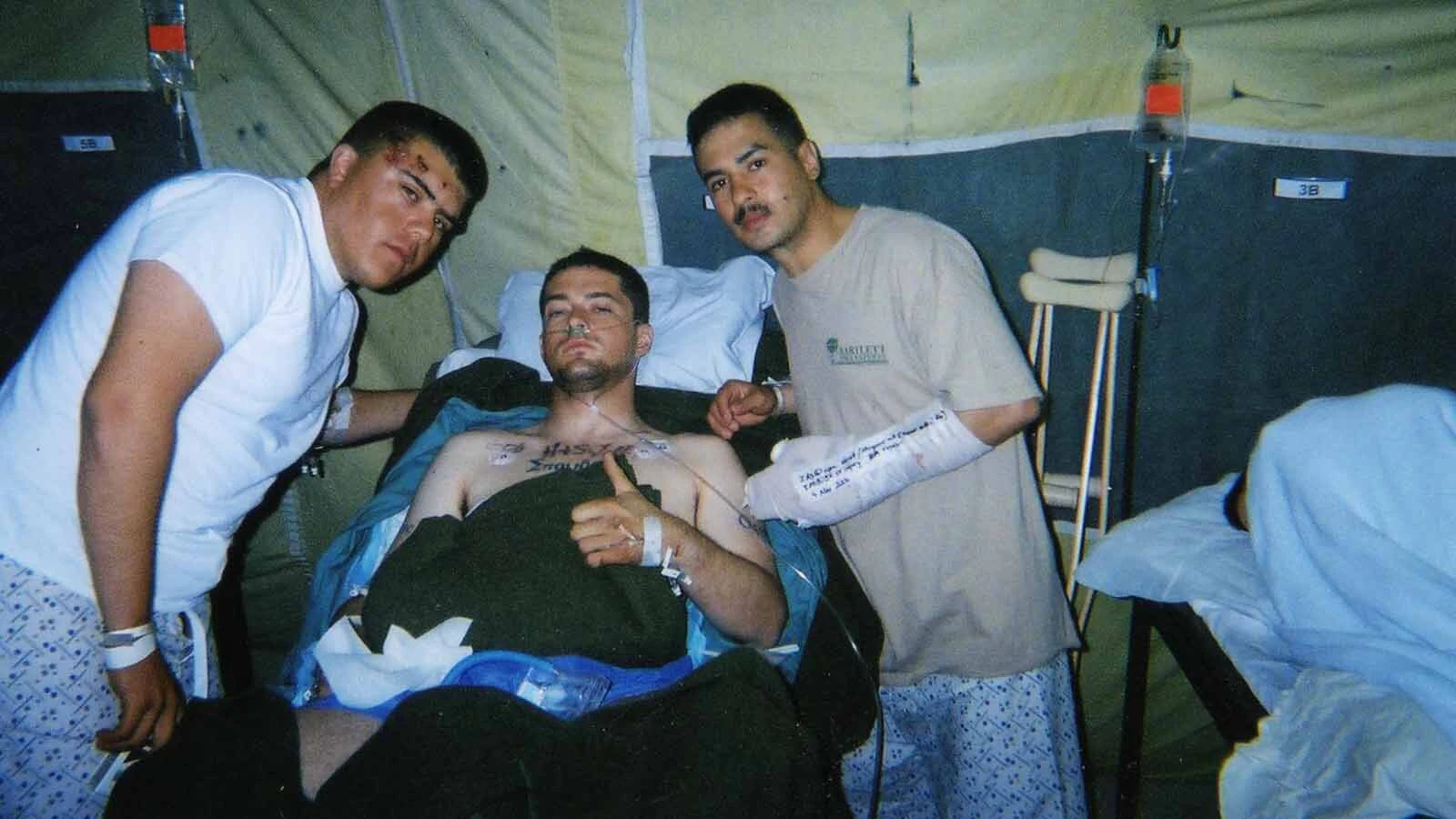 Chad Cassady gives the thumbs up after taking shrapnel in Fallujah.