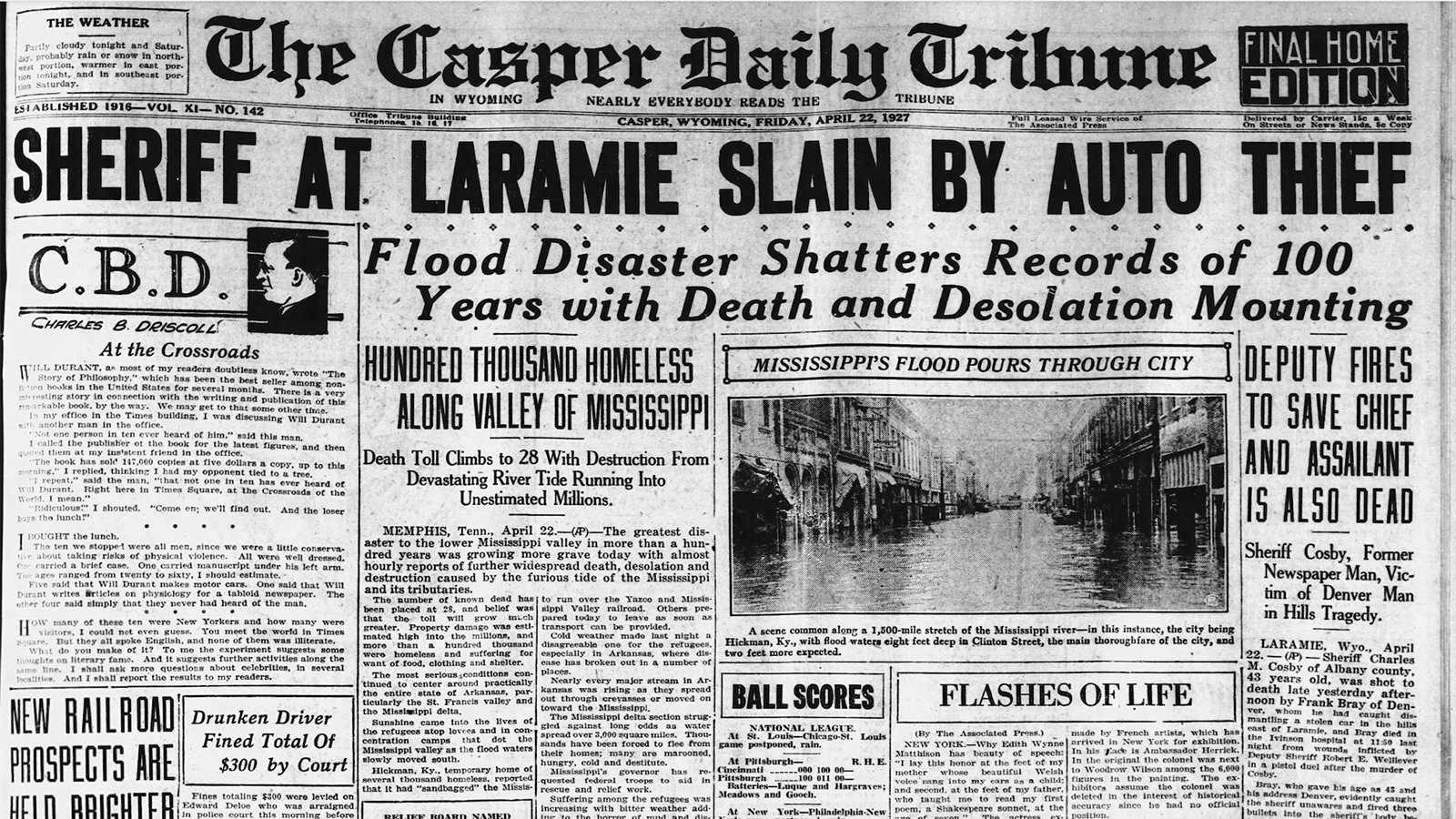 The Casper Daily Tribune made the death of Charles Cosby a banner headline on April 22, 1927.