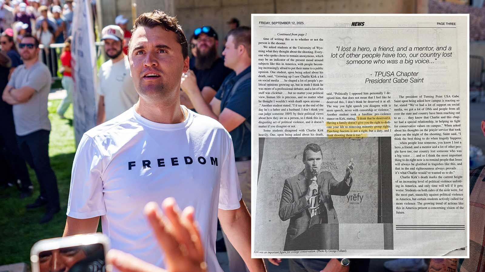 The Wyoming Freedom Caucus called out the University of Wyoming student newspaper The Branding Iron on Friday for an anonymous quote in a story that said Charlie Kirk “deserved” to be shot.