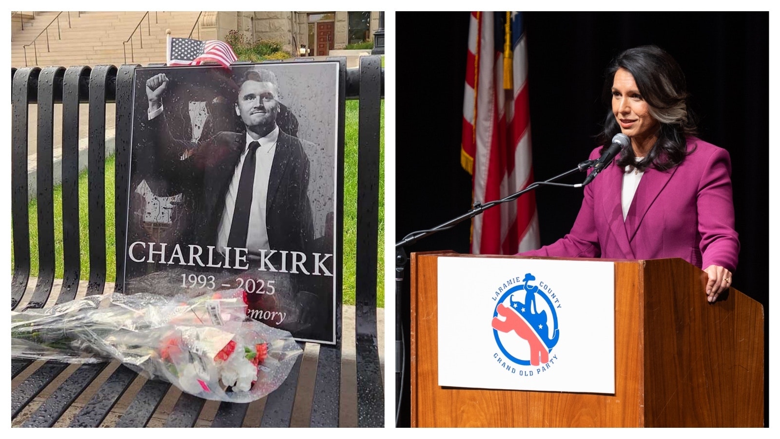 Laramie County Republicans are torn between two prominent events, both set for Oct. 17. One is a local memorial honoring Charlie Kirk, while another is the party's Red State Rendezvous to help raise money for the Laramie County GOP. Above left, a memorial rally for Kirk at the state Capitol on Sept. 13. At right is Tulsi Gabbard, the keynote speaker at the county party's Red State Summit in September 2024.
