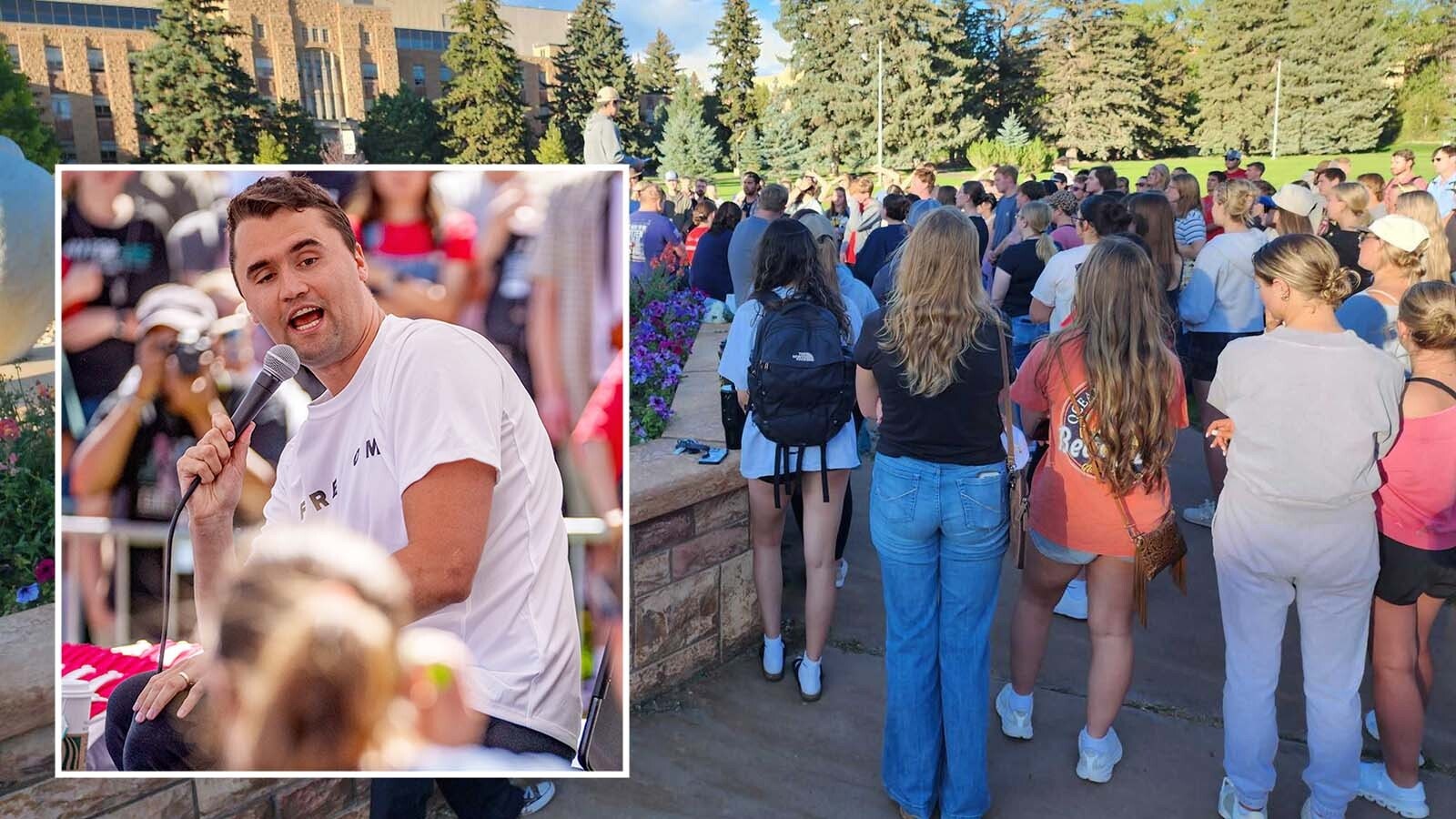 Students gather at Prexie's Pasture, a large outdoors common area on the University of Wyoming Campus, on Wednesday, Sept. 10, 2025, to remember Charlie Kirk, who was killed earlier in the day.