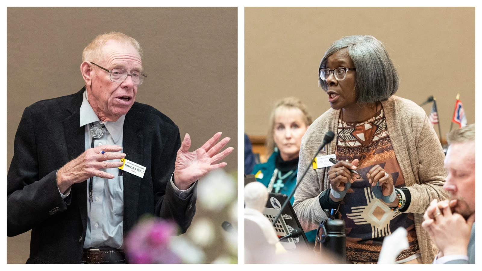 Wyoming state Sens. Charlie Scott, left, and Lynn Hutchings.