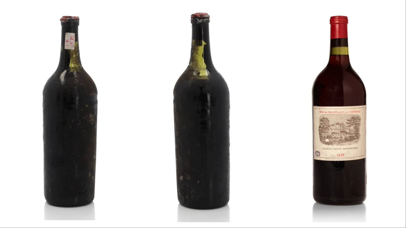 Two magnums of Chateau Lafite 1870 will be auctioned Friday, April 17, 2026, by Sotheby's. The first bottle, pictured left and center, and the second with its label.