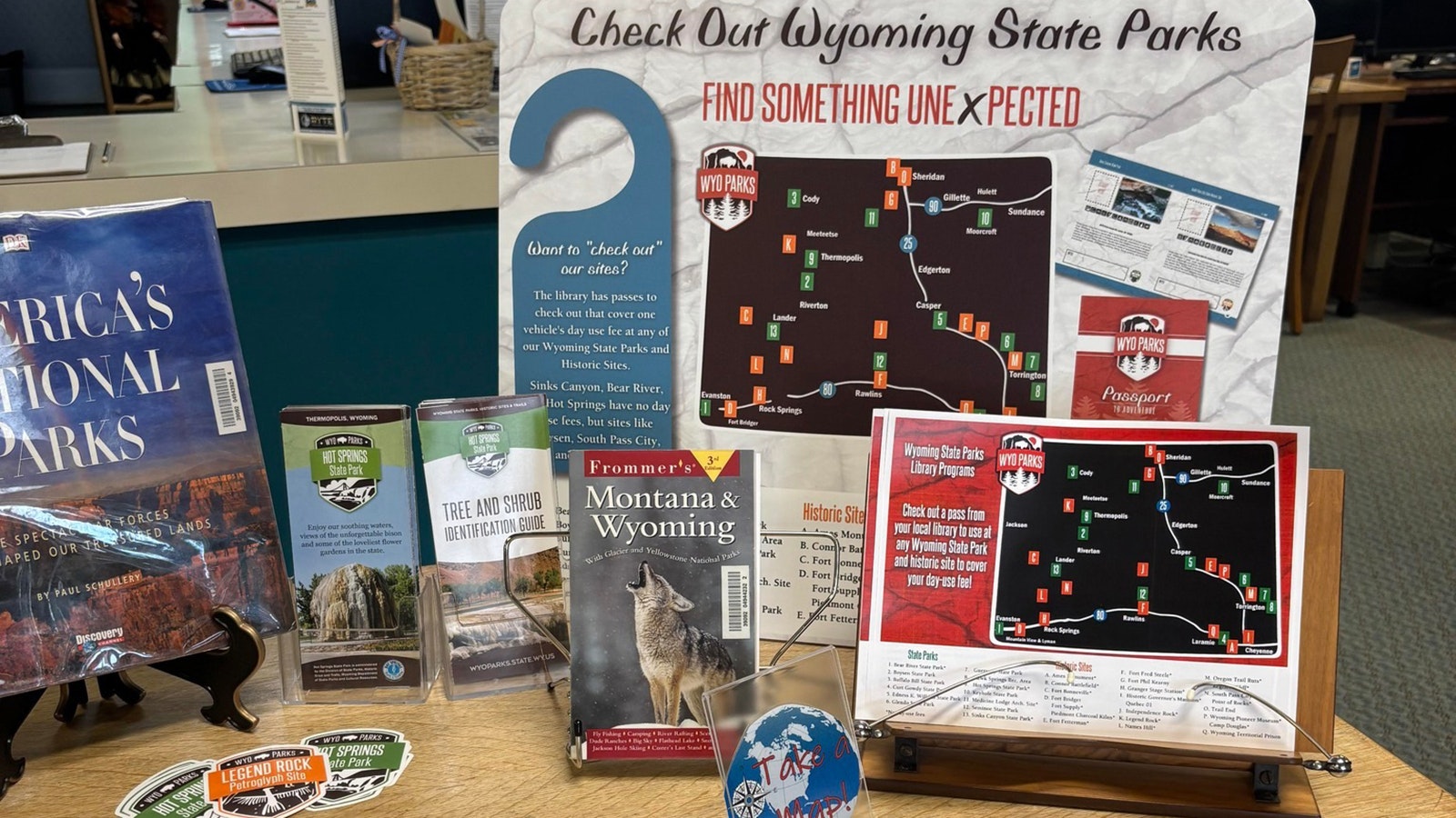 The Wyoming State Parks Library Program is displayed at Hot Springs County Library.