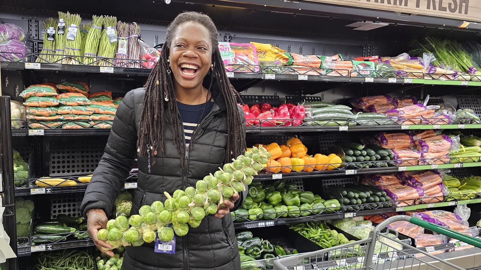 Chef Petrina Peart reacts after finding a beautiful Brussel sprout tree for an upcoming holiday gathering she's working on.