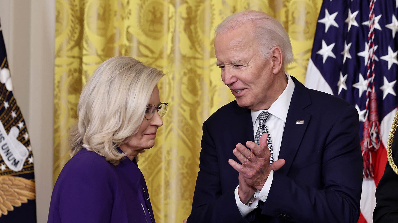 Liz Cheney and President Joe Biden at a ceremony in which Biden gave Cheney the Presidential Citizens Medal. In the hours before he was to leave office Jan. 20, 2025, Biden also gave Cheney a preemptive pardon.