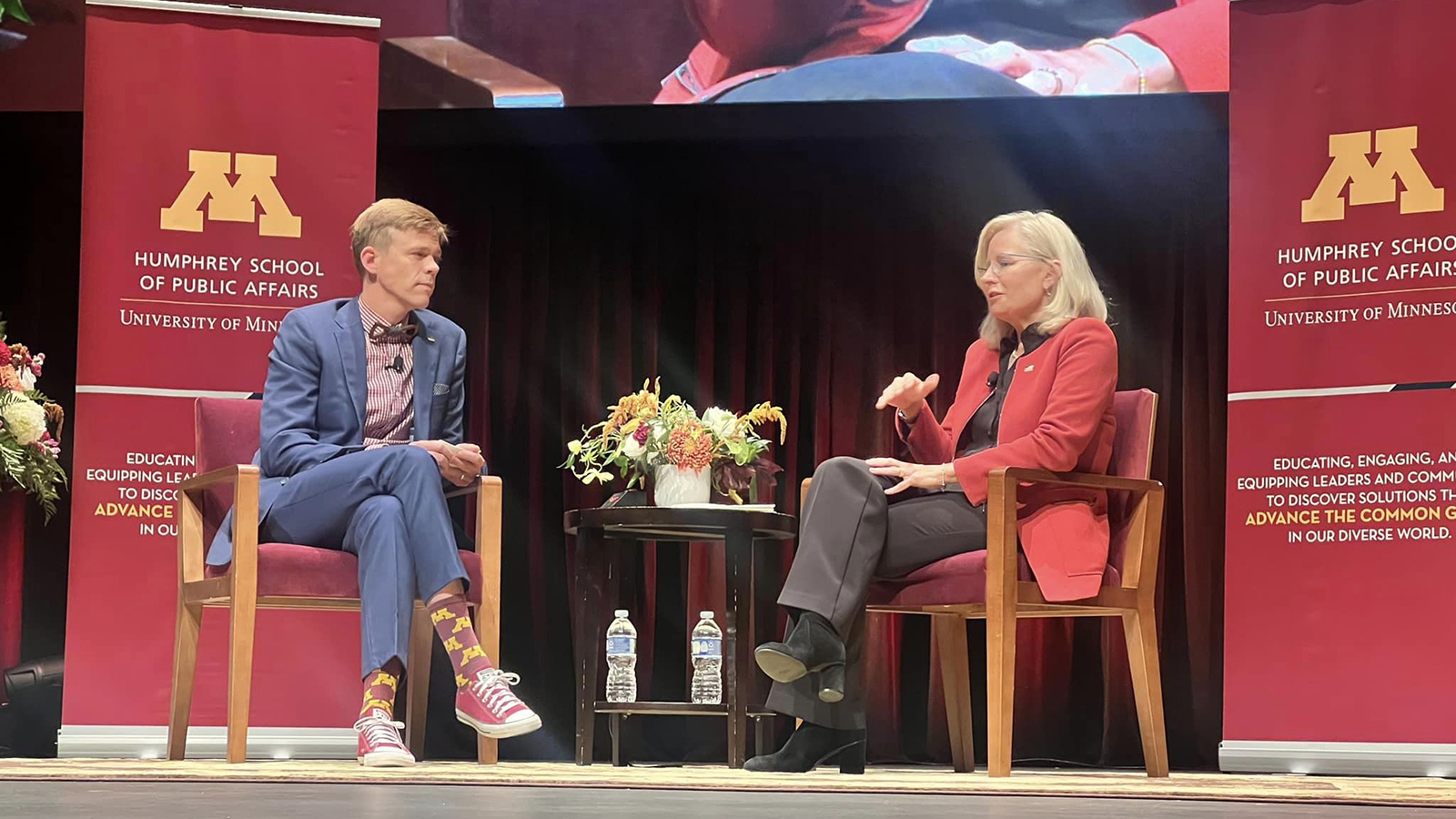 Liz Cheney, right, said during a Wednesday event in Minnesota that Kevin McCarthy deserved to be ousted as House speaker.