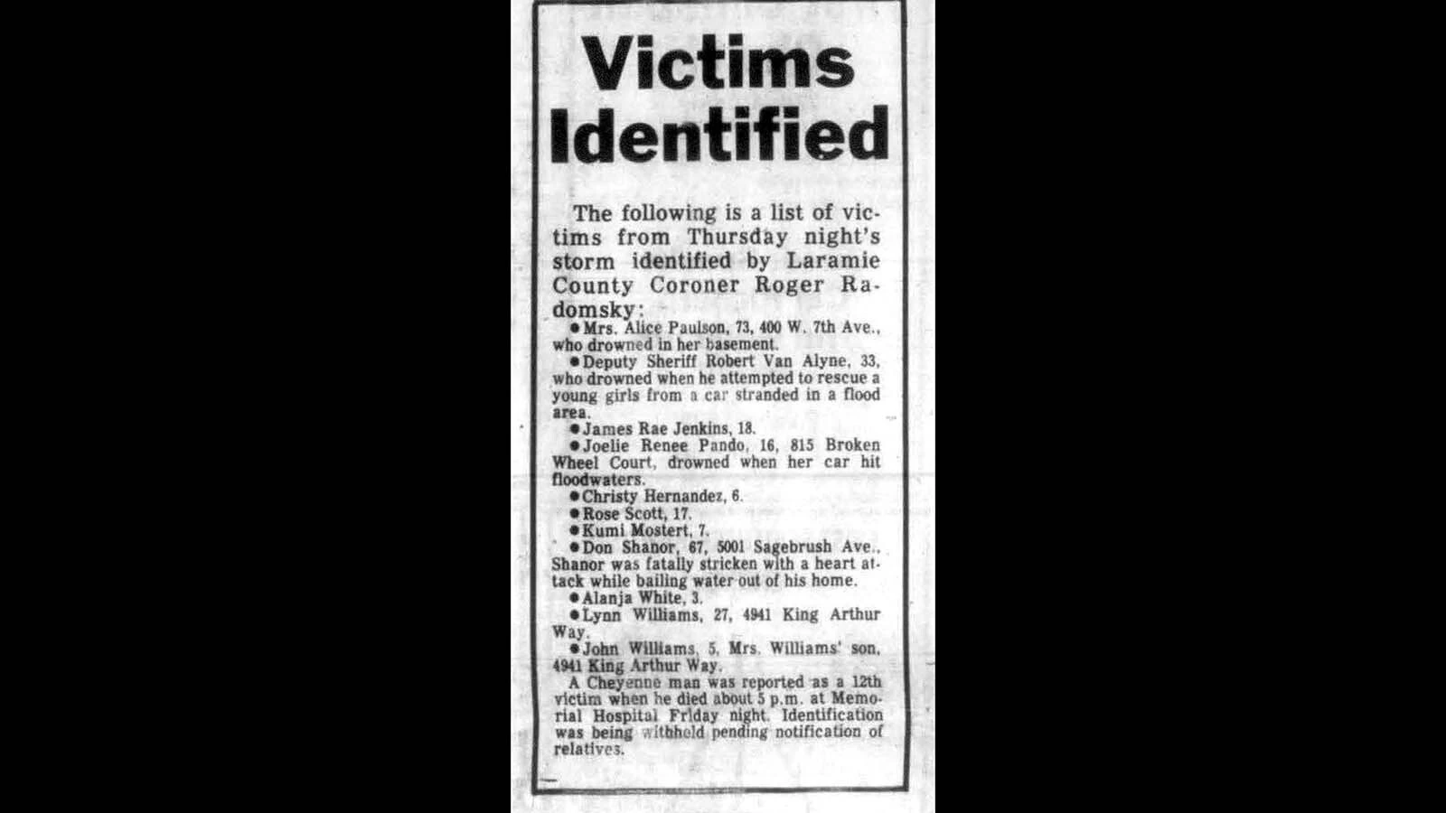 The Aug. 3, 1985, edition of The Wyoming Eagle printed a list of victims of the 1985 flood.