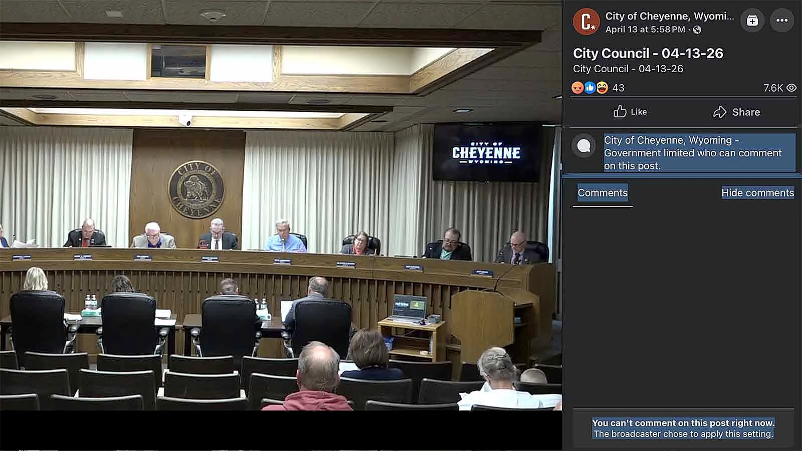 Cheyenne’s mayor has turned off comments on City Council meetings livestreamed on the city’s Facebook page. Some say that's an overreaction to criticism, while the mayor says many comments were reckless, threatening and out of hand.