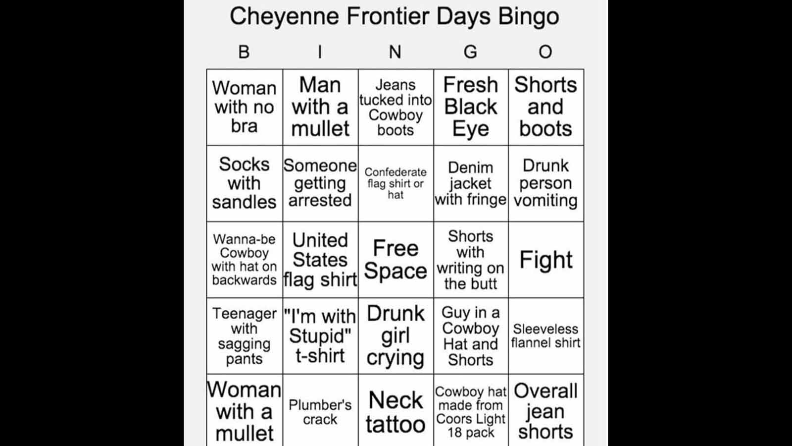 Cheyenne Frontier Days Bingo card 7 26 25