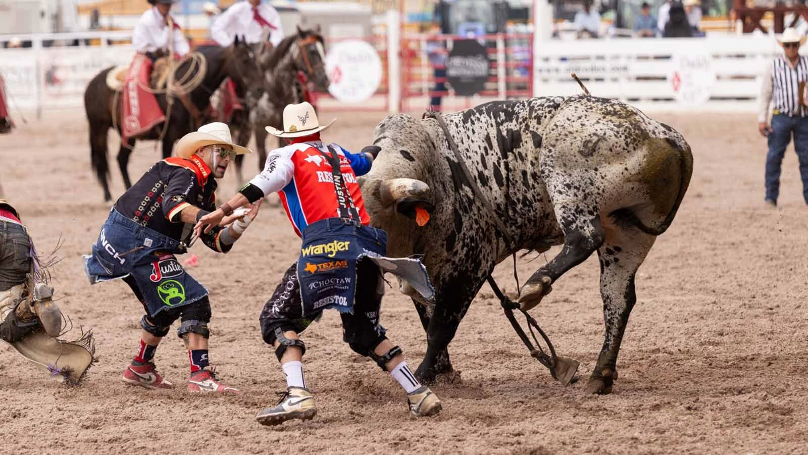 Bull fighters Dusty Tuckness (left) and Cody Webster (right)in the bull riding at the Cheyenne Frontier Days Rodeo on Tuesday, July 21.