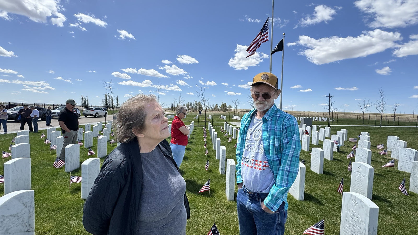 On left, Carol Anne Hopkins and Dale Hopkins, drove four hours from Riverton, Wyoming, to see the burial site of her parents and participate in the observation of fallen military heroes.