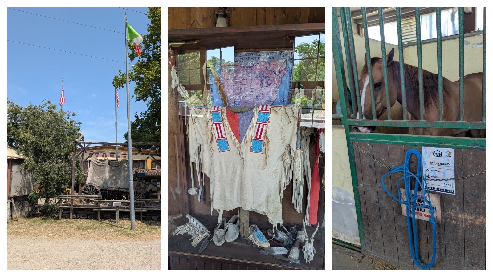 Left, American flags fly alongside Italy's tricolor flag at Cowboyland in Voghera. Center, Native American items on display at Cowboyland, which has a daily "Indian Village" show. Right, a horse named Hollywood at Cowboyland.