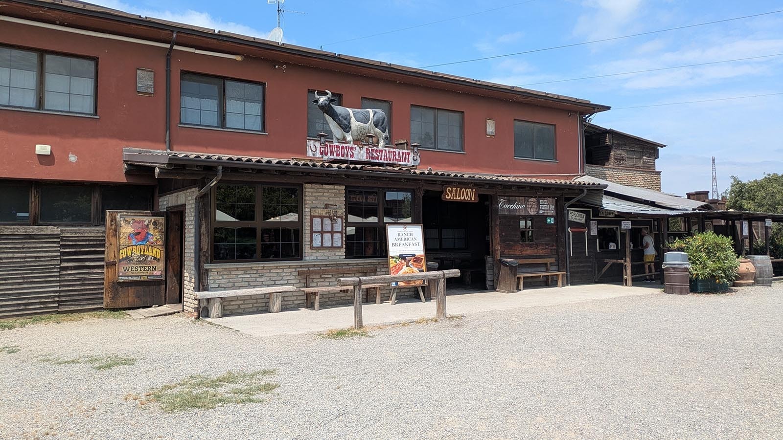 The main restaurant, complete with a Western-inspired saloon, at Cowboyland in Voghera.