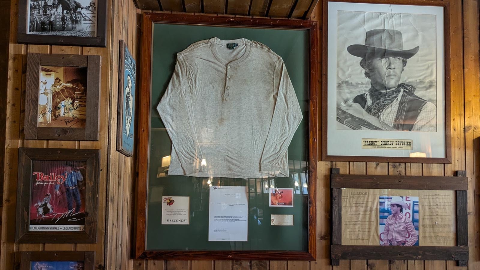 Wyomingites will recognize some familiar things on the walls of the restaurant in Cowboyland, including a tribute to Lane Frost, a shirt worn by Luke Perry in the film, "8 Seconds" and memorabilia from Frontier Days.