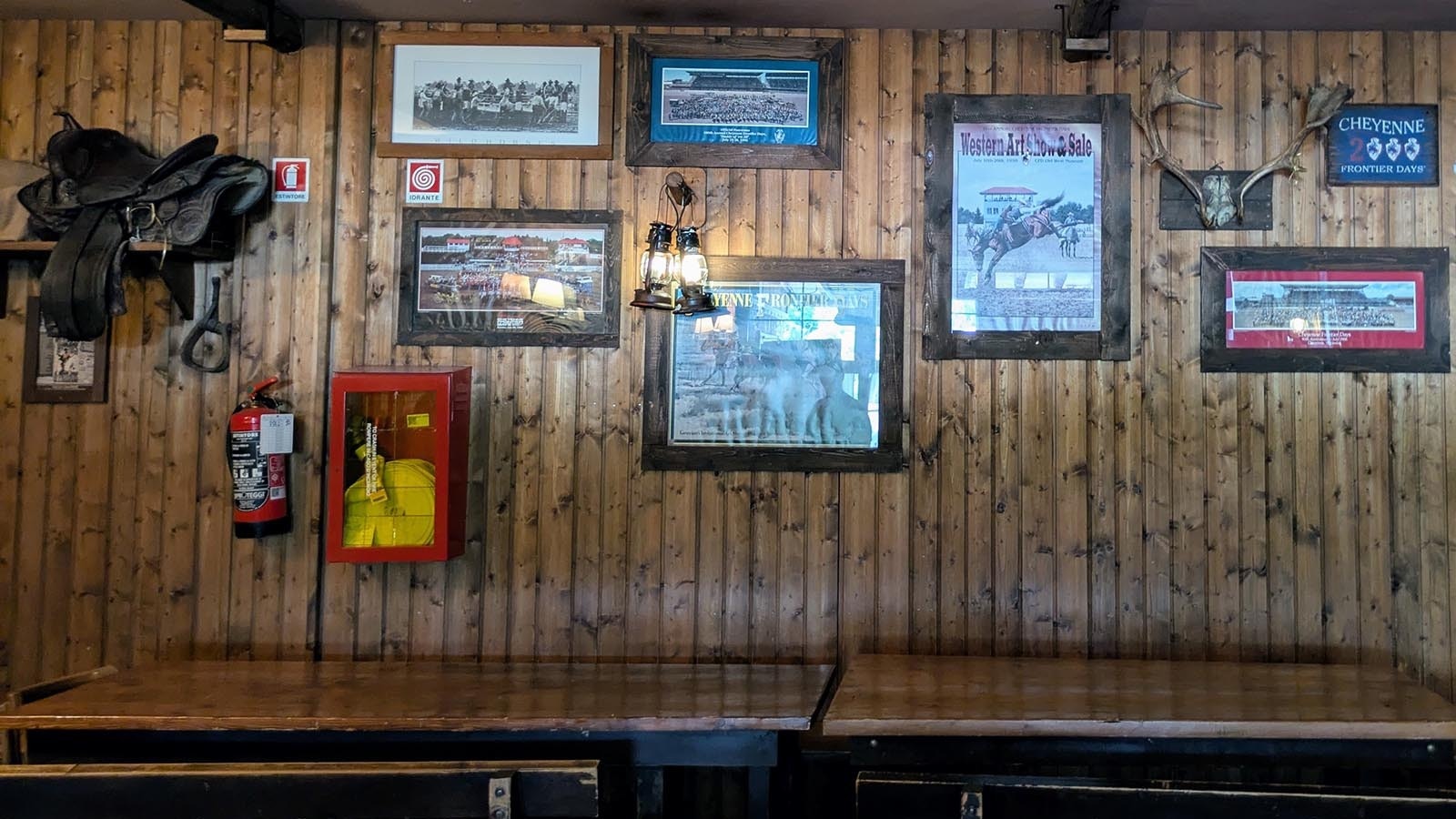 Wyomingites will recognize some familiar things on the walls of the restaurant in Cowboyland, including a tribute to Lane Frost, a shirt worn by Luke Perry in the film, "8 Seconds" and memorabilia from Frontier Days.