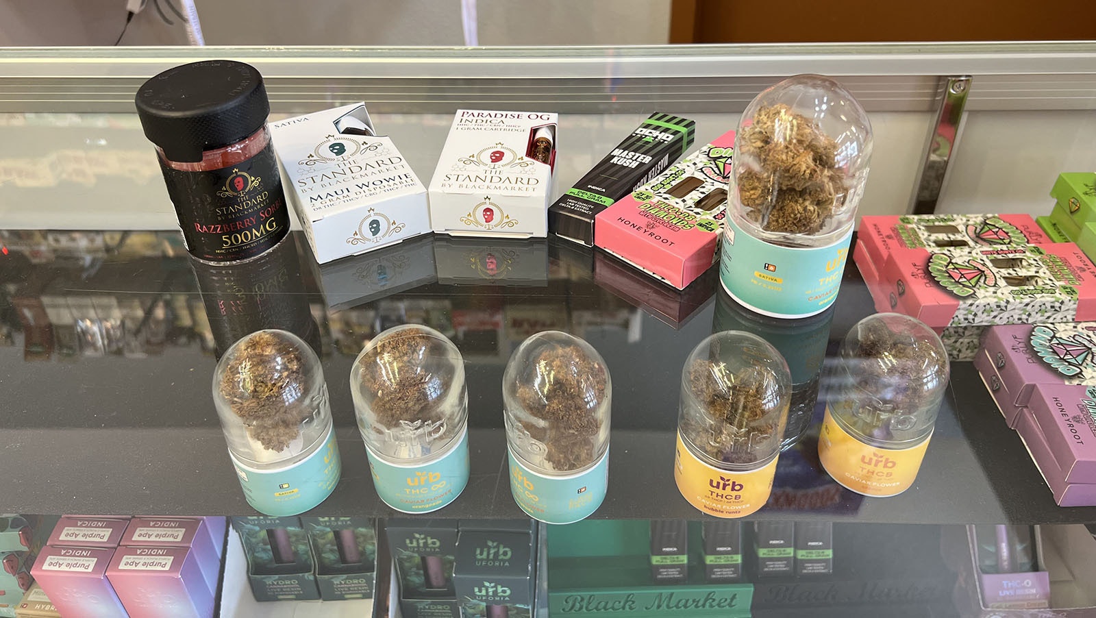 A variety of delta-8 THC products at Black Market Vape & Smoke in Cheyenne.