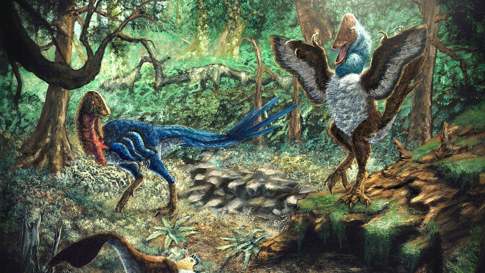 Artist reconstruction of the new caenagnathid Eoneophron infernalis alongside Anzu wyliei and the smaller unnamed Hell Creek caenagnathid in an environment reflective of the paleoenvironment of the Hell Creek Formation.