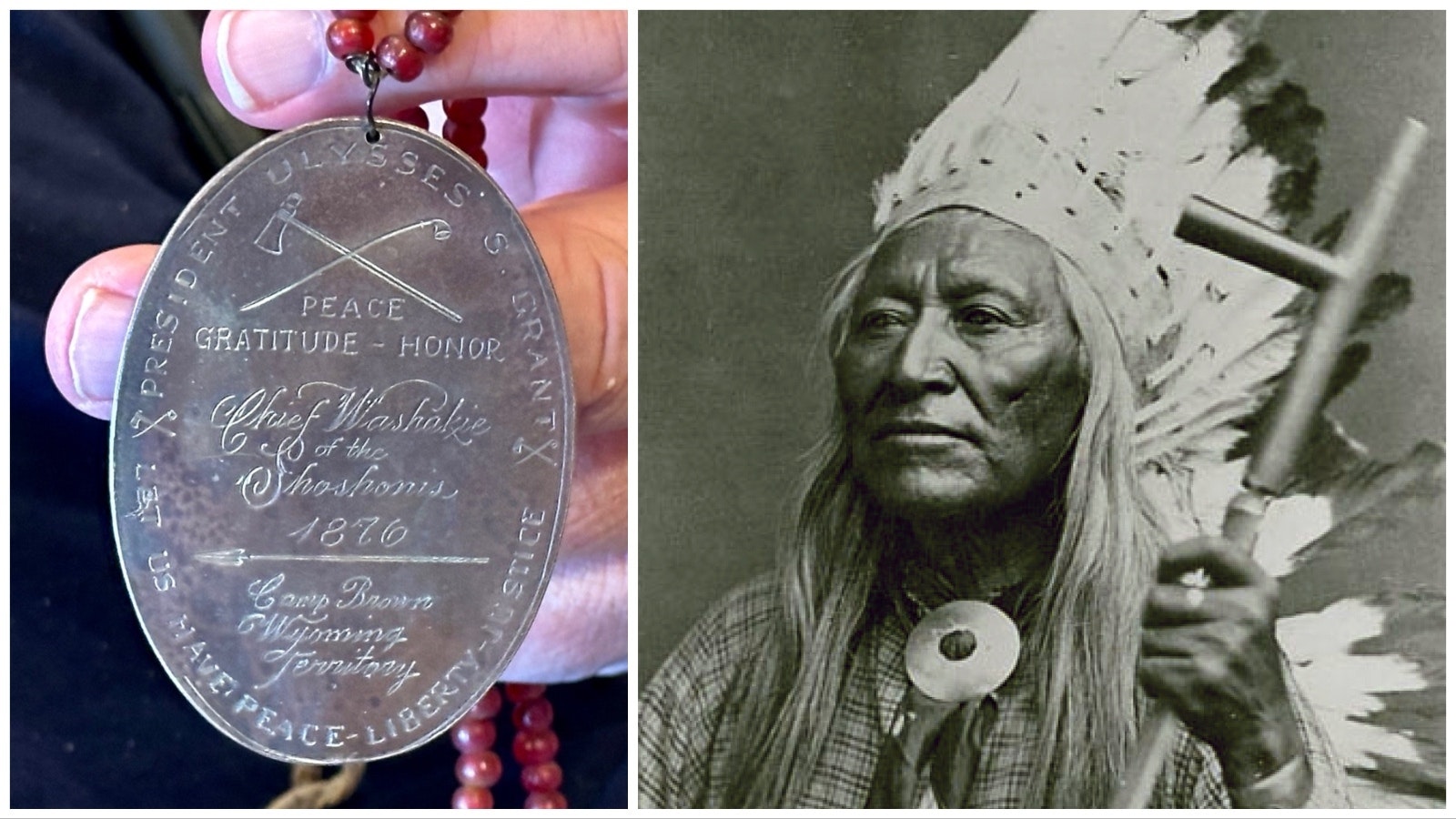 Kim Redding, a Lander, Wyoming, native was shocked to find this historically important piece of history for sale on eBay, left, an 1876 peace medal given to Chief Washakie by President Ulysses S. Grant.