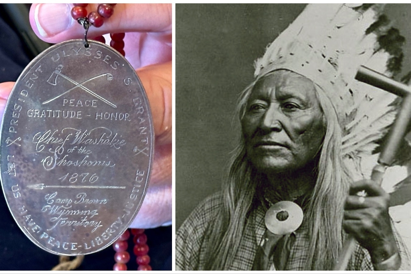 Kim Redding, a Lander, Wyoming, native was shocked to find this historically important piece of history for sale on eBay, left, an 1876 peace medal given to Chief Washakie by President Ulysses S. Grant.