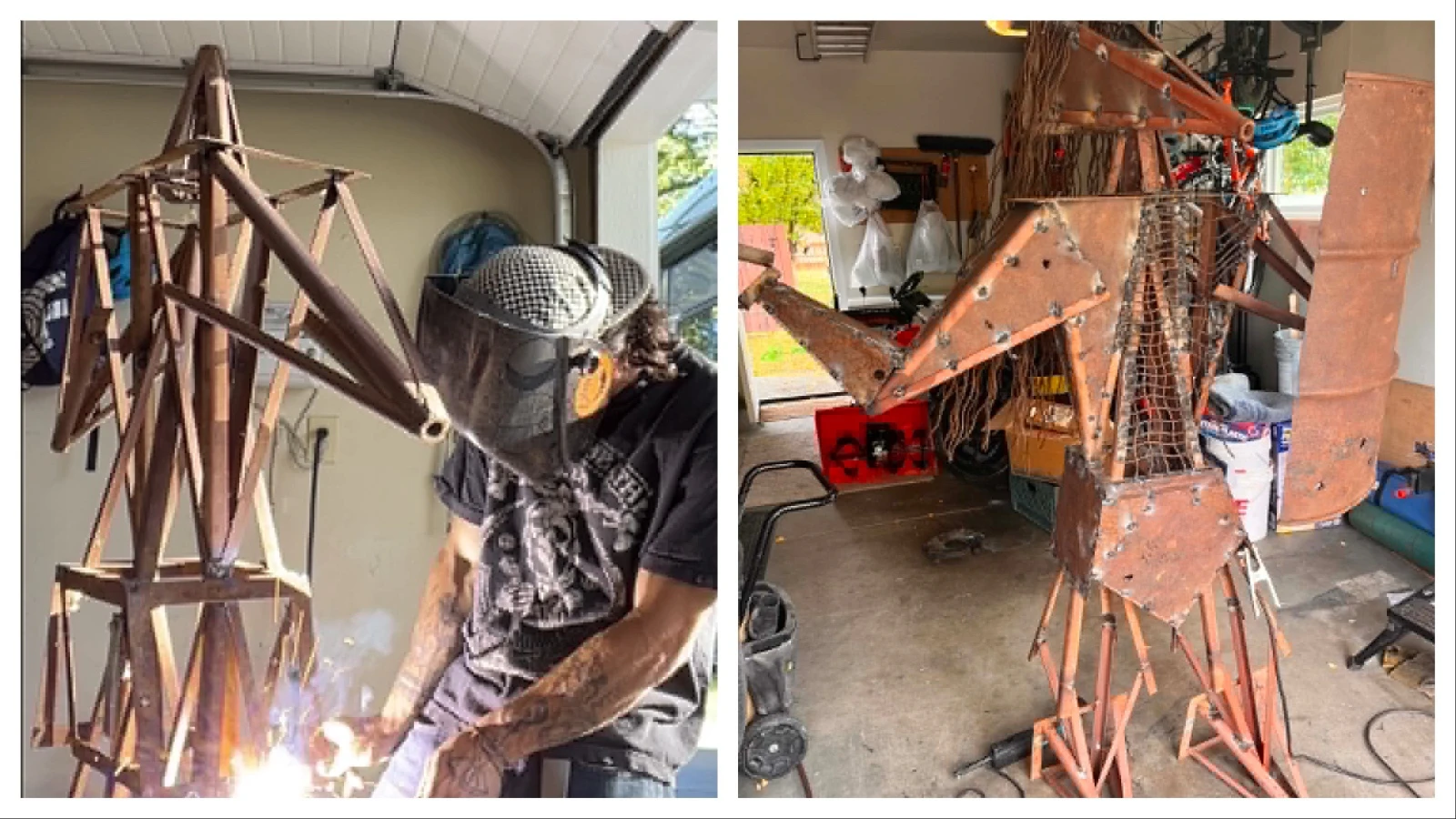 Jake Kauffman creates his steel "Anubis" sculpture in his home in Lander, Wyoming.