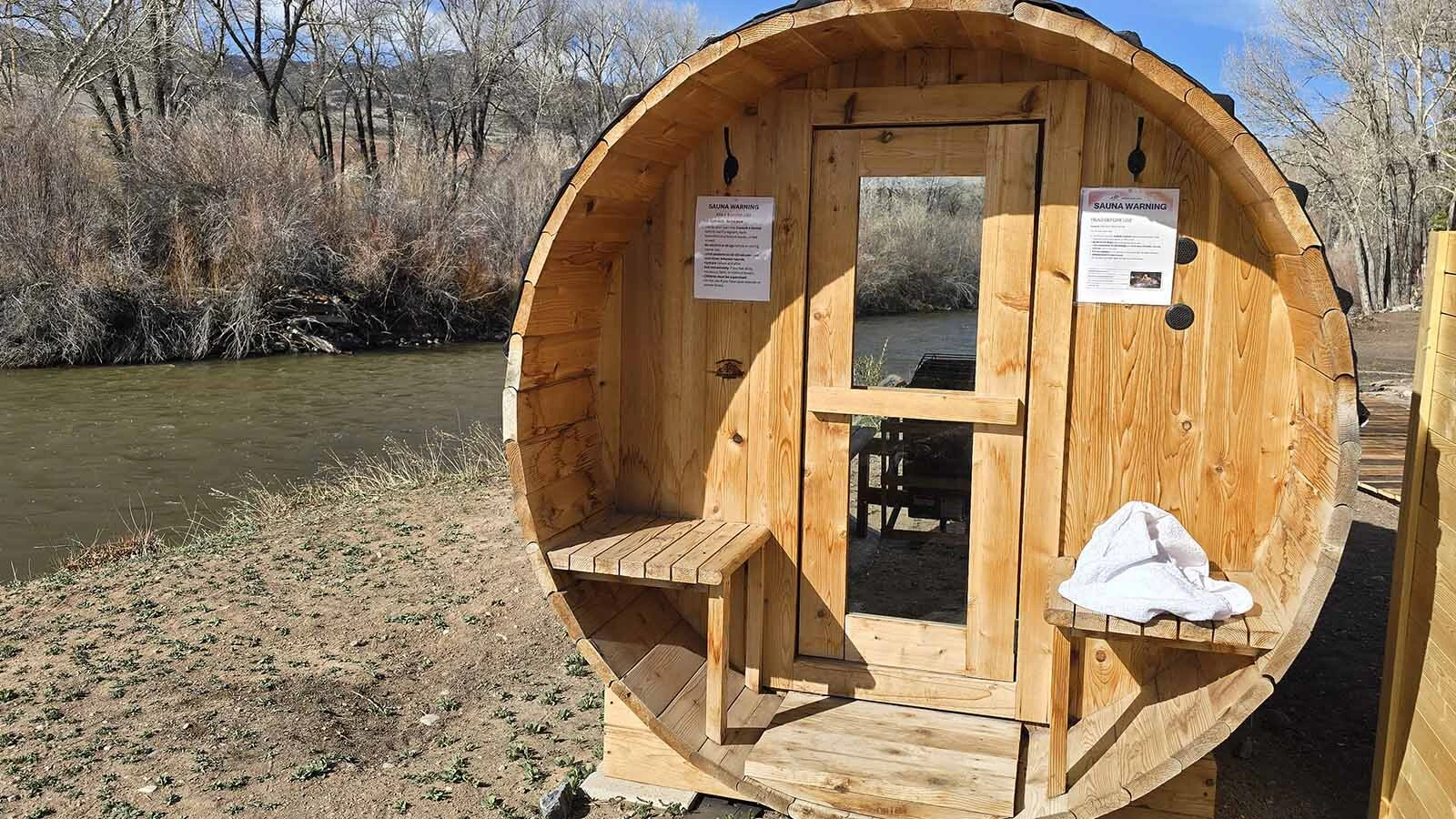 A sauna has been placed perfectly aligned with the Wind River at Chinook Winds Lodge.