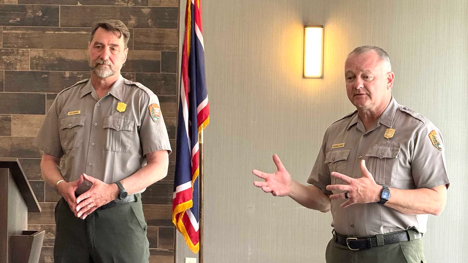 Grand Teton National Park Superintendent Chip Jenkins, left, and Yellowstone Superintendent Cam Sholly.