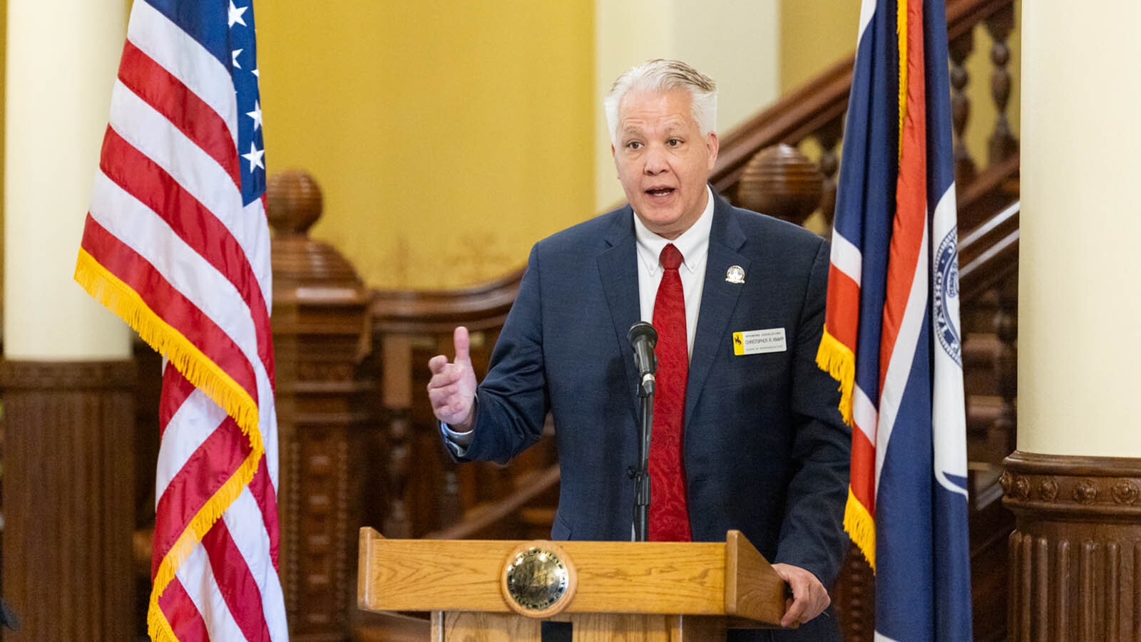 State Rep. Chris Knapp, R-Gillette, speaks at a press conference to announce election integrity priorities on Dec. 19, 2024.