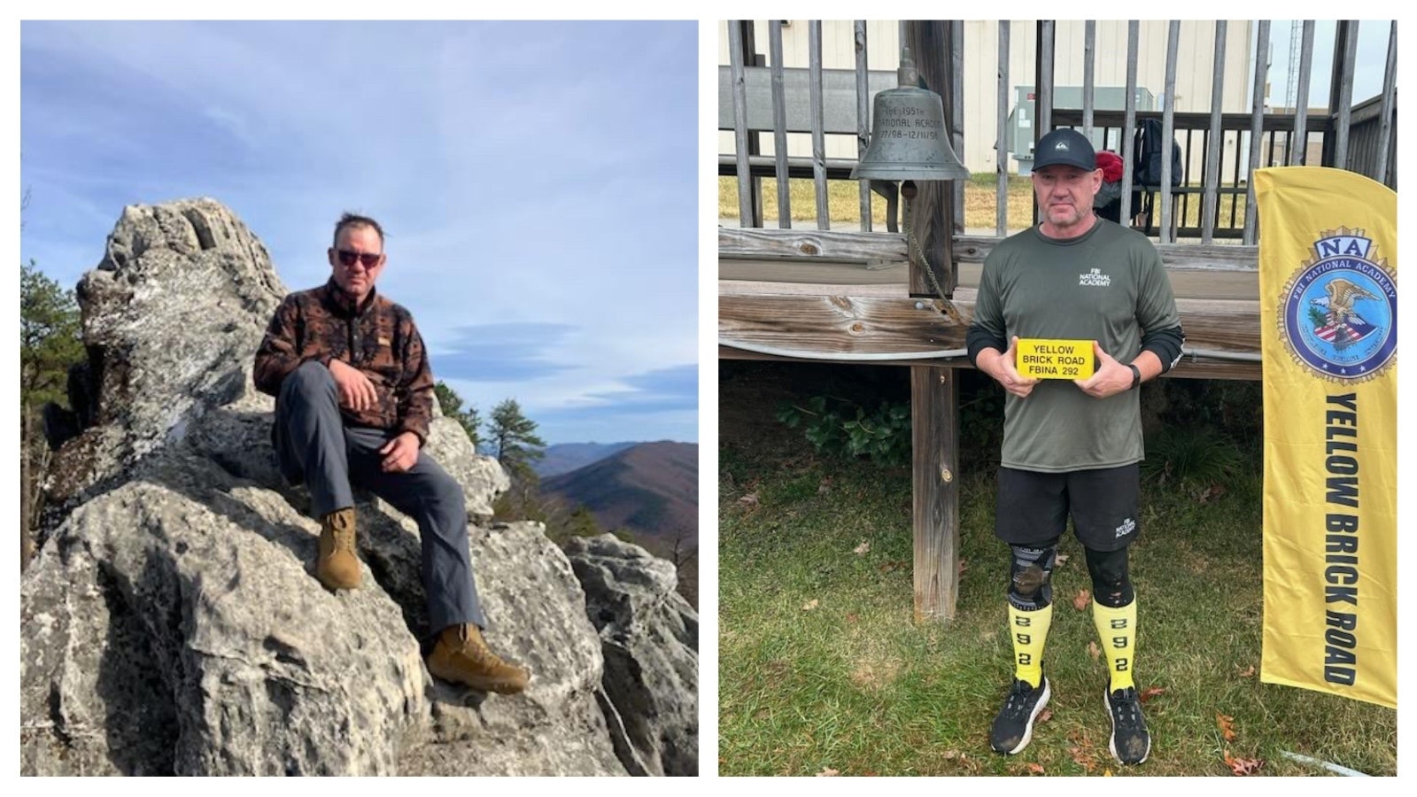 Left, Chris McDonald on one of the many rigorous group hikes he took while attending the FBI National Academy in Virginia. Right, to complete the FBI National Academy, attendees have to complete The Yellow Brick Road, a 10k run with a 3-mile obstacle course, in seven minutes or less.