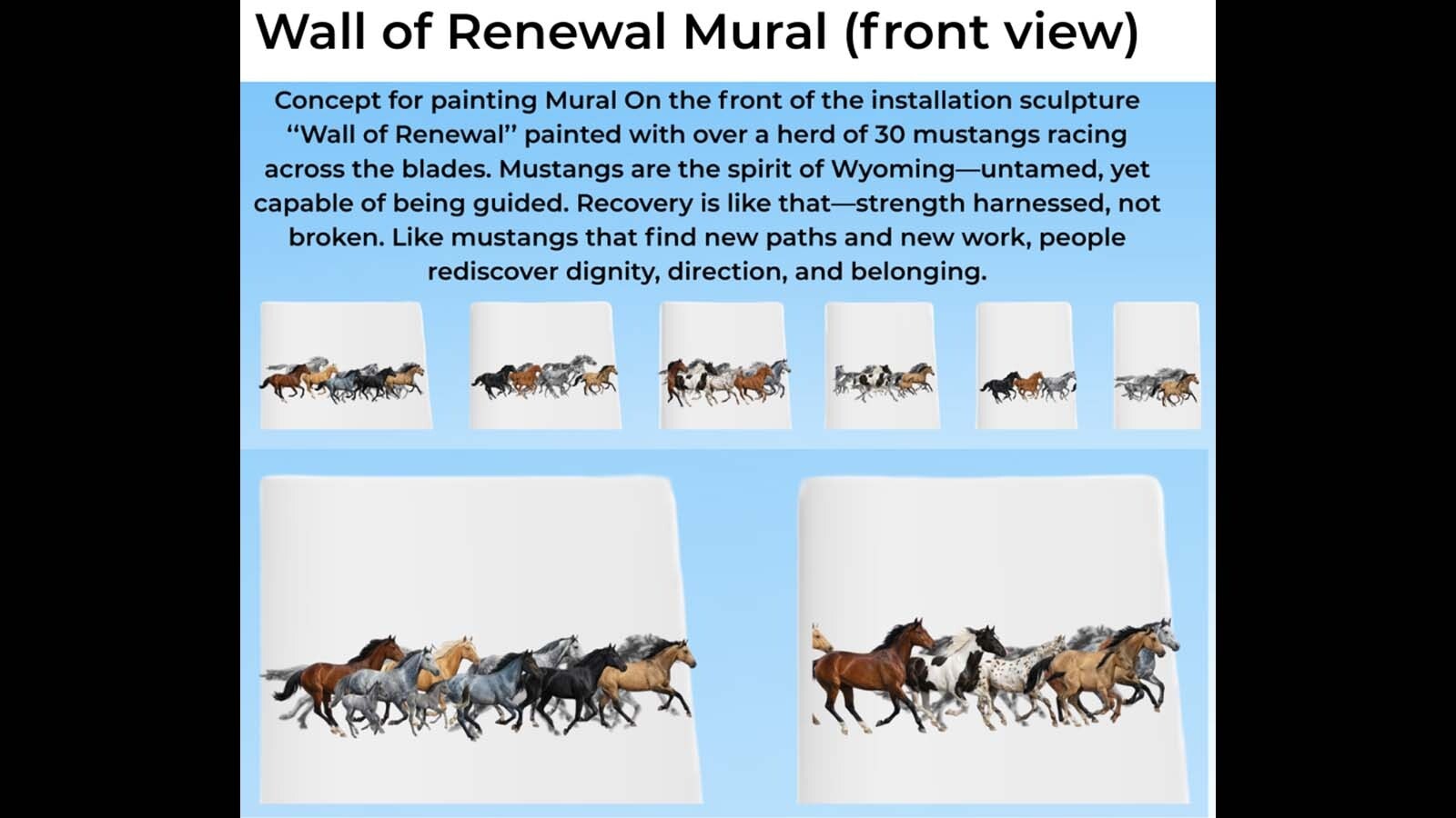 Chris Navarro’s concept for his art project using a wind turbine blade involves turning the blade pieces into a mural. On one side will be wild horses running.