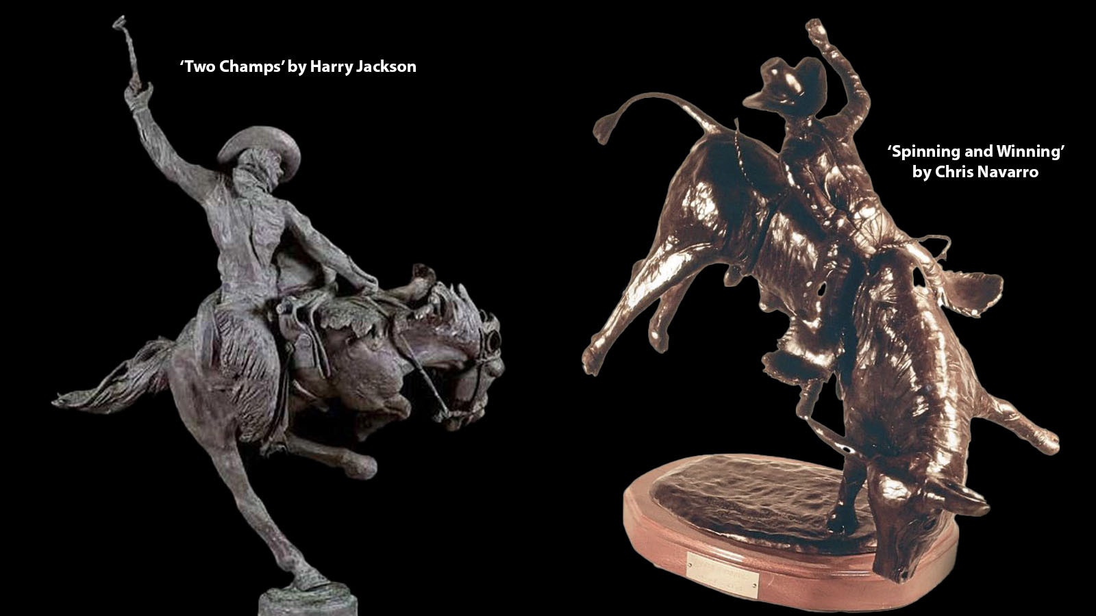 Harry Jackson's sculpture "Two Champs" featuring famous rodeo bronc Steamboat, left, inspired Chris Navarro's desire to become an artist. His first sculpture was "Spinning and Winning" in 1980, right.