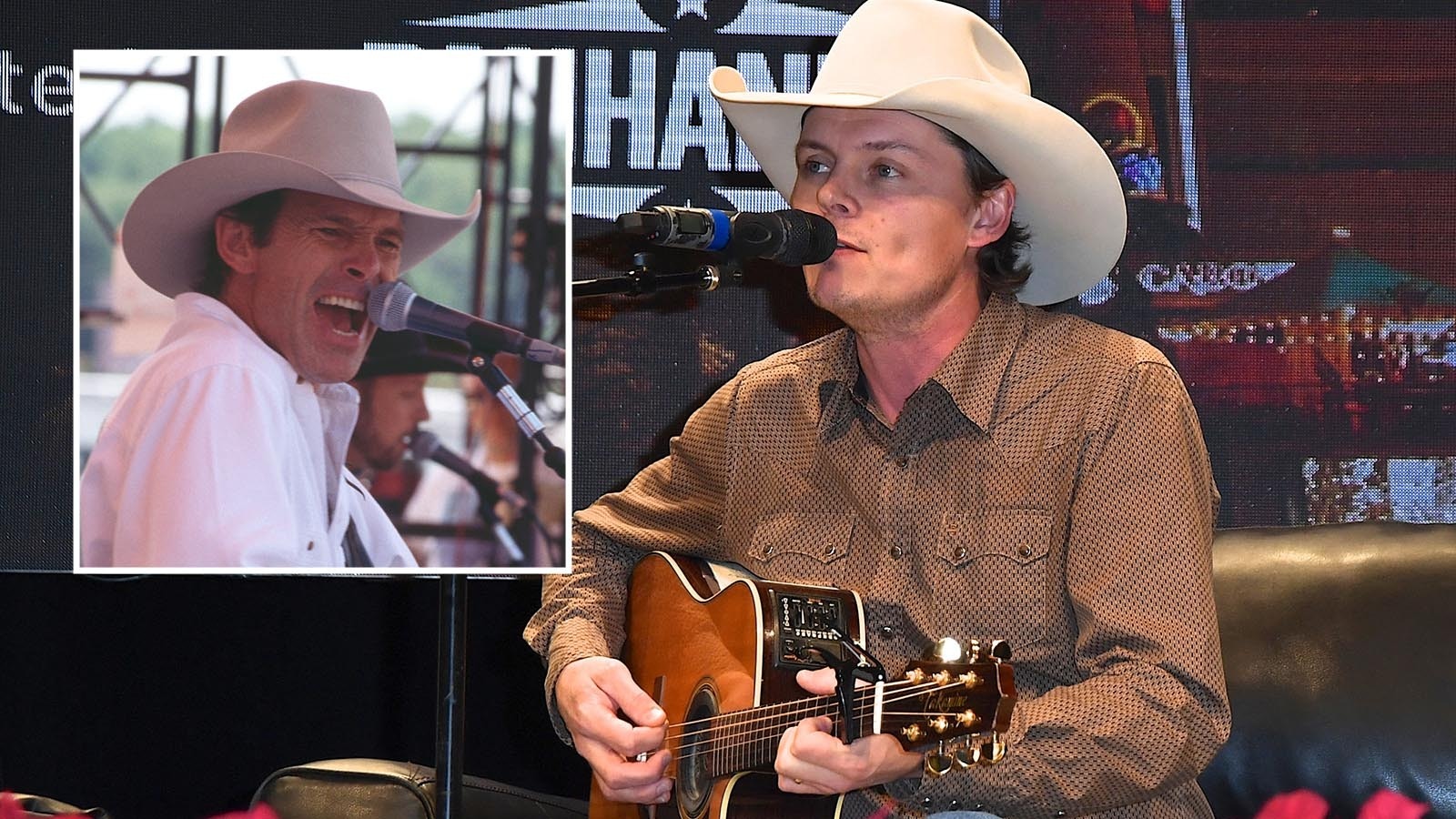 Ned LeDoux performs at the National Finals Rodeo's "Cowboy Christmas" in 2018 in Las Vegas. Inset, his father Chris LeDoux performs in Nashville, Tennessee in 1993.