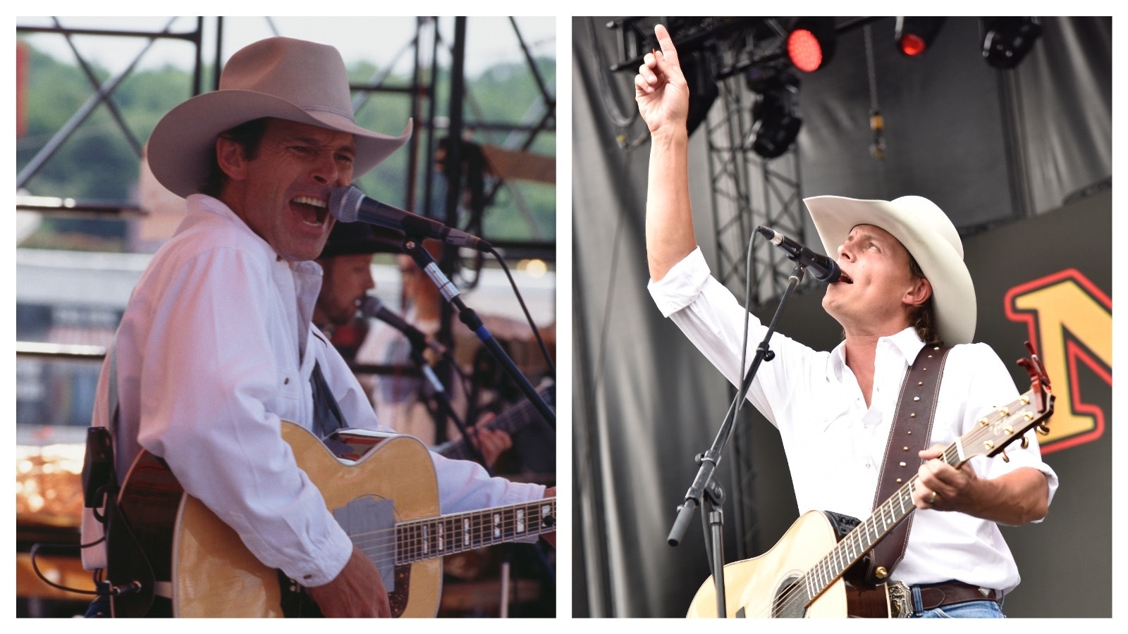 Left, Chris LeDoux performs in Nashville in 1993. Right, his son Ned LeDoux points to heaven while performing on stage at the 2021 Watershed music fesival in Washington state.