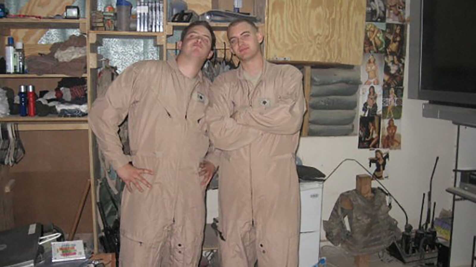 Chris Clemmens, left, and Hank Ward both received Purple Hearts after they were wounded in an attack on their armored personnel carrier in Iraq in 2006. They enjoy elk hunting in Wyoming, through a program that allows residents here to donate hunting tags to disabled veterans.