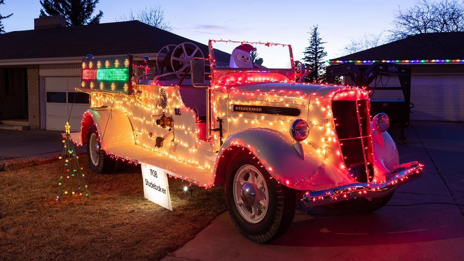 Brian Bartow’s fire truck Christmas light display on Dec. 19, 2024, at 550 Essex Road in Cheyenne, Wyoming.