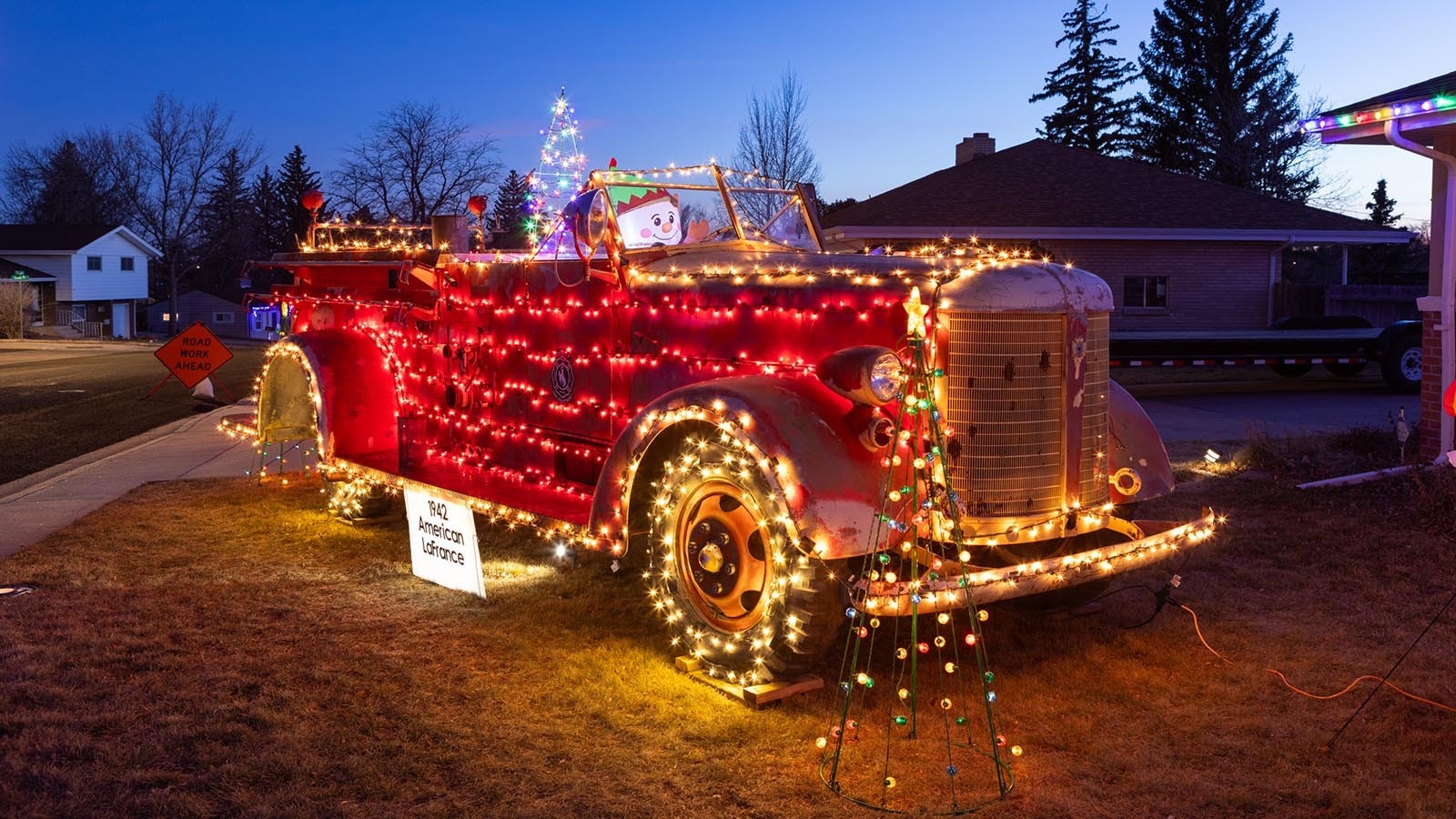 Brian Bartow’s fire truck Christmas light display on Dec. 19, 2024, at 550 Essex Road in Cheyenne, Wyoming.