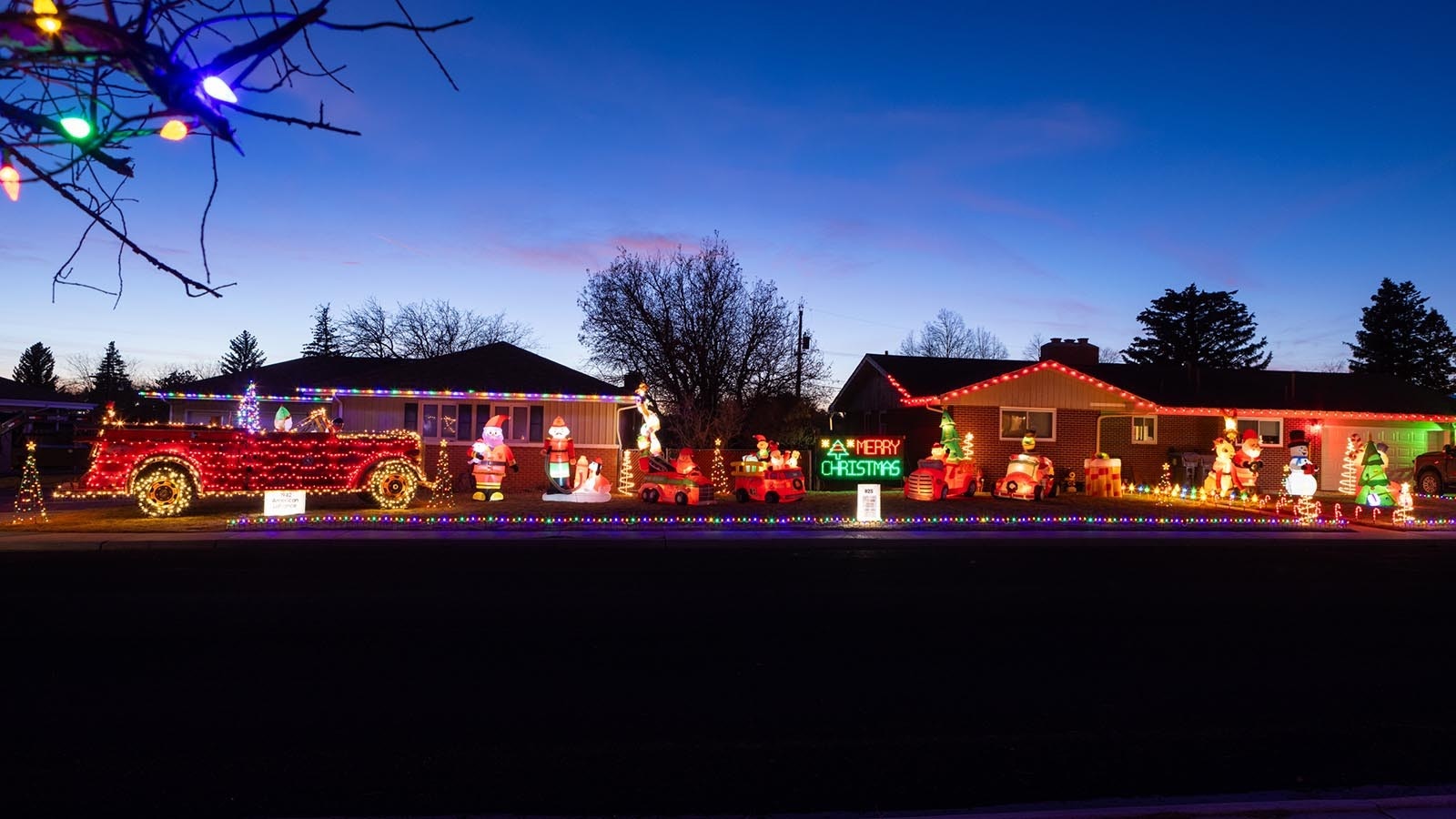 Brian Bartow’s fire truck Christmas light display on Dec. 19, 2024, at 550 Essex Road in Cheyenne, Wyoming.