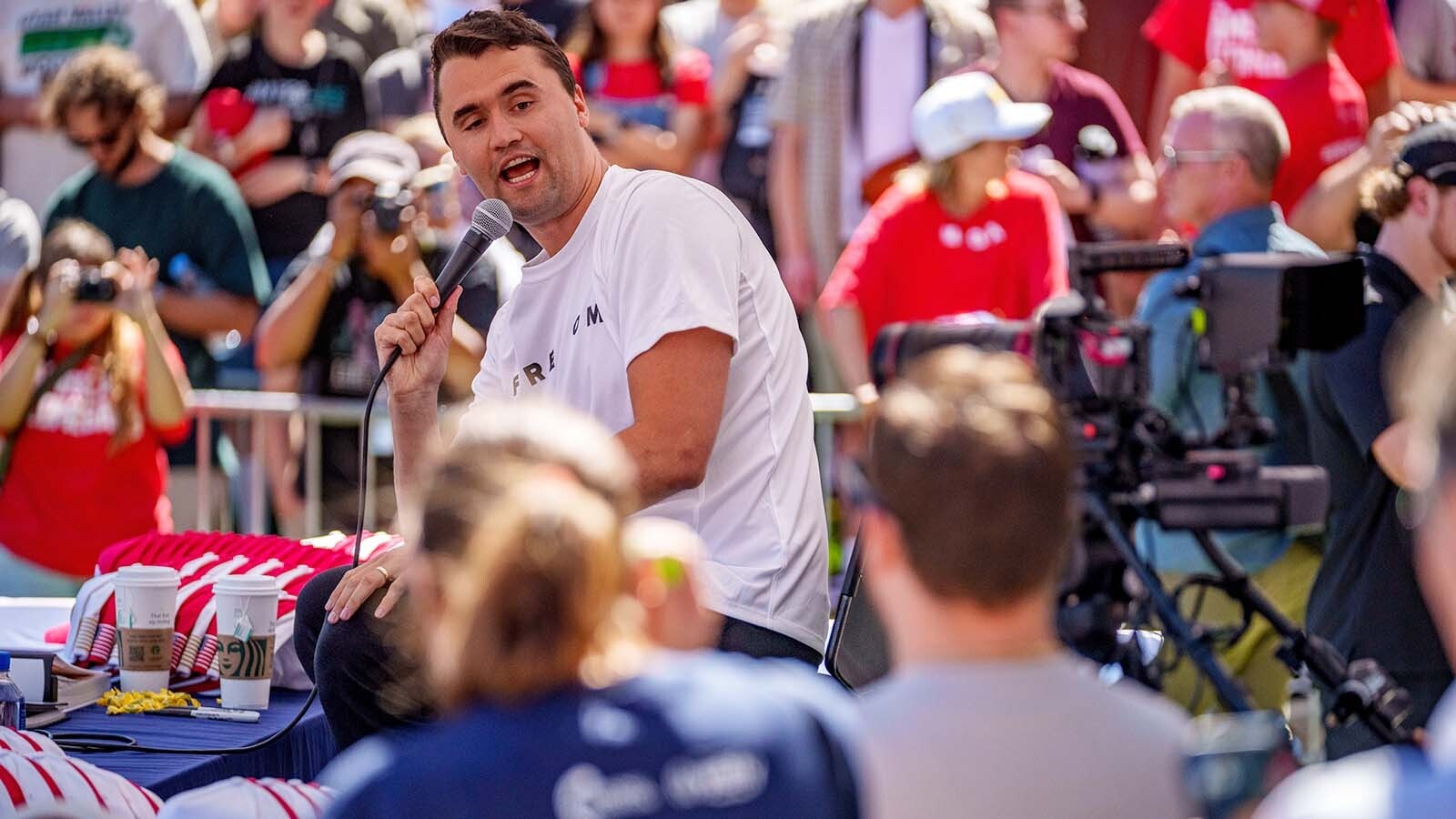 Charlie Kirk speaks at Utah Valley University on Sept. 10, 2025, in Orem, Utah. Kirk, founder of Turning Point USA, was speaking at his American Comeback Tour when he was shot in the neck and killed.