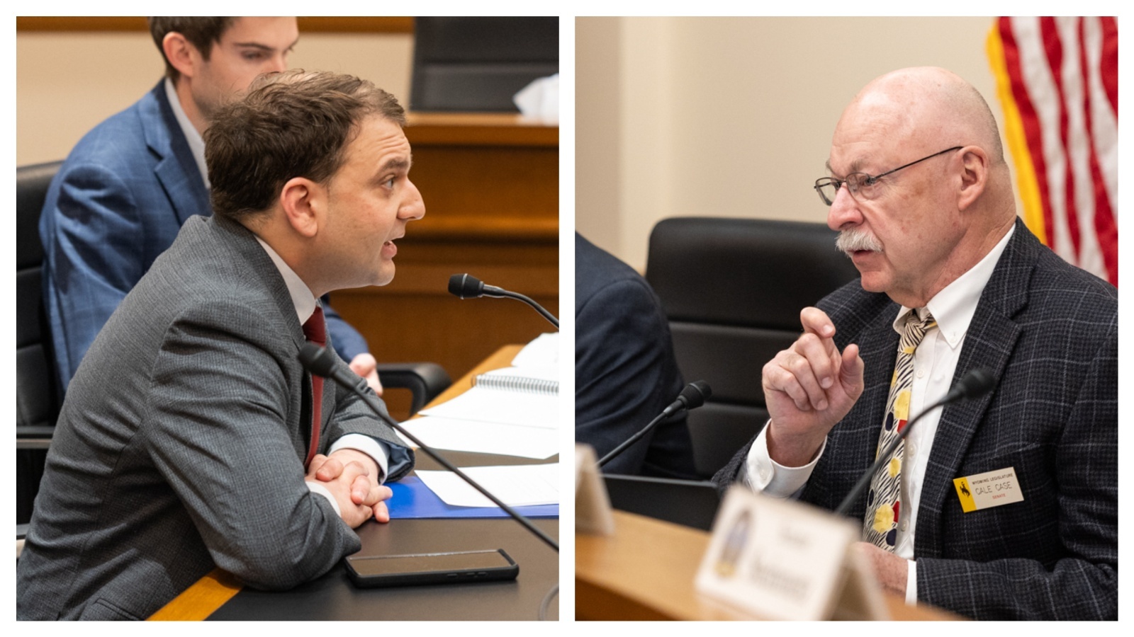 Wyoming lawmakers advanced a bill Monday that criminalizes filing false election audits, despite such actions already being illegal. “I still think just to make it even clearer — why would we not do this?” Secretary of State Chuck Gray (left) said. Rep. Cale Case (right) voted no.